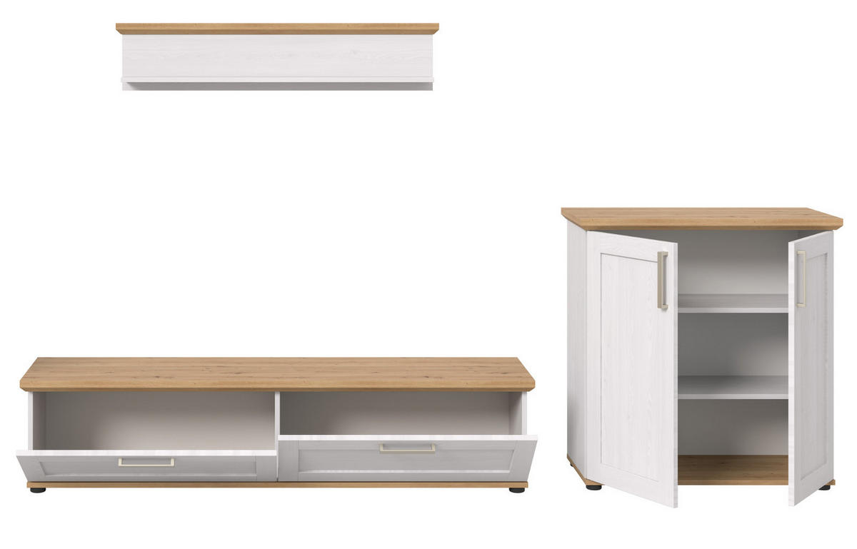 WOHNWAND 3-teilig weiß Lärche, Eiche Artisan 260 cm Landhaus, Schrankwand mit viel Stauraum - Silberfarben/Schwarz, Holzwerkstoff/Kunststoff (260/151/40cm) - Inn.Furn