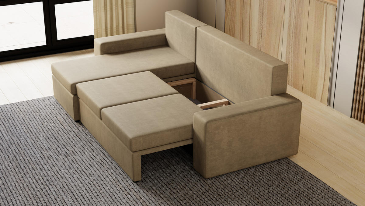 ECKSOFA Paco mit Bettkasten und Schlaffunktion, L-Form/XL-Form, Velourstoff, Universal - Cappuccino, Holzwerkstoff (246/145cm) - 4ALL HOME