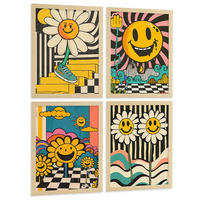 POSTER 4er Kunstdruck-Set Wandbilder Smiley Acid House modern Wohnzimmer Deko, Schlafzimmer, Küche, Badezimmer Leichter Holzrahmen A4 - Beige, Papier (29.7/1/21cm) - Nacnic