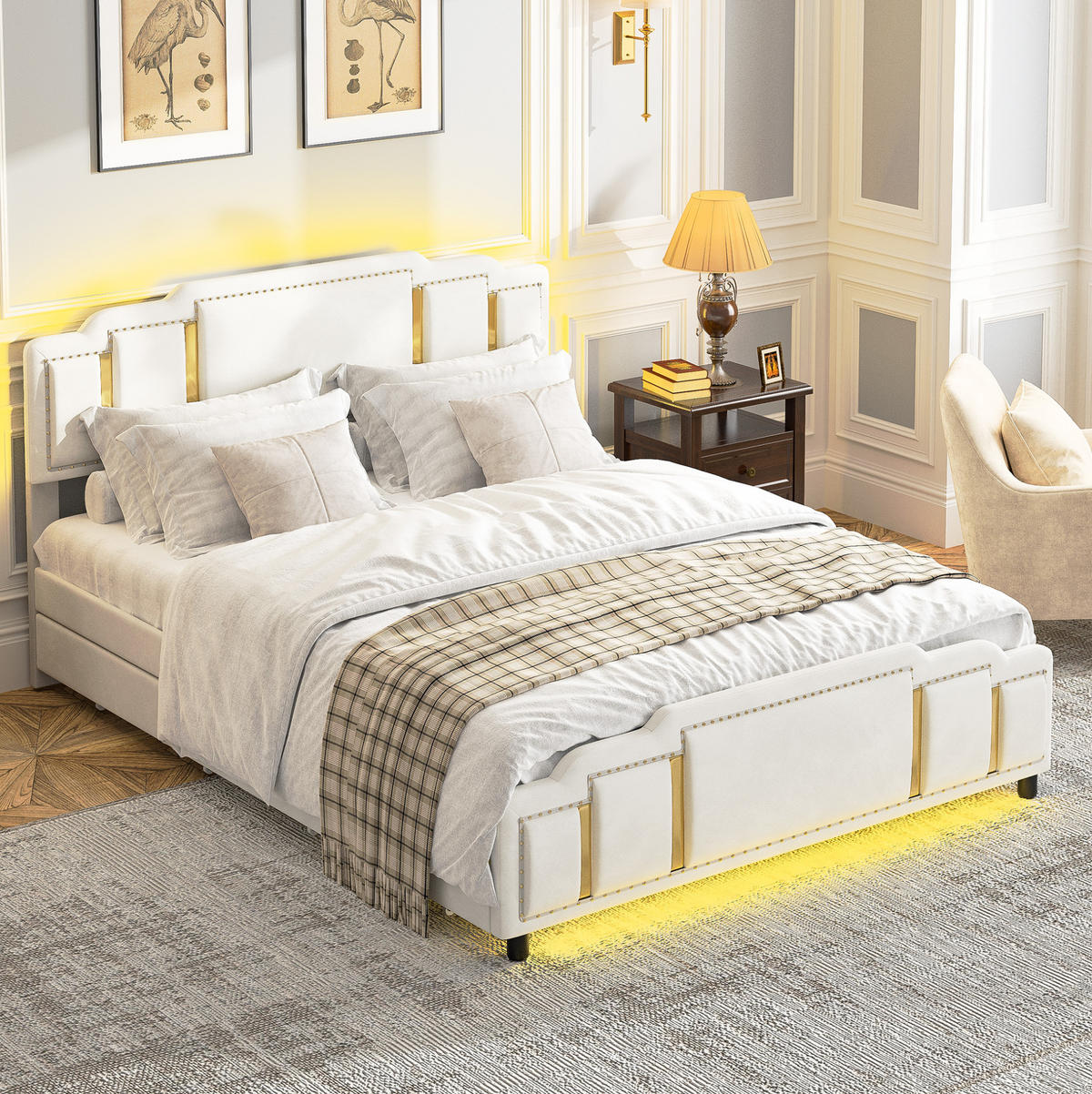 POLSTERBETT 140x200 cm in Beige mit LED-Beleuchtung und 4 Schubladen - Beige, Textil (140/200cm) - IVMEU