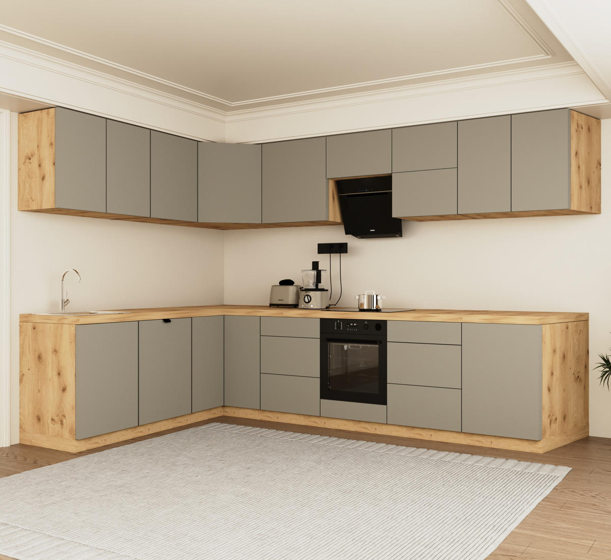 WINKELKÜCHE 320cm x 200cm- Langen KL15-M320 - in Beige/Matt - Beige, Holz (520/212/52cm)