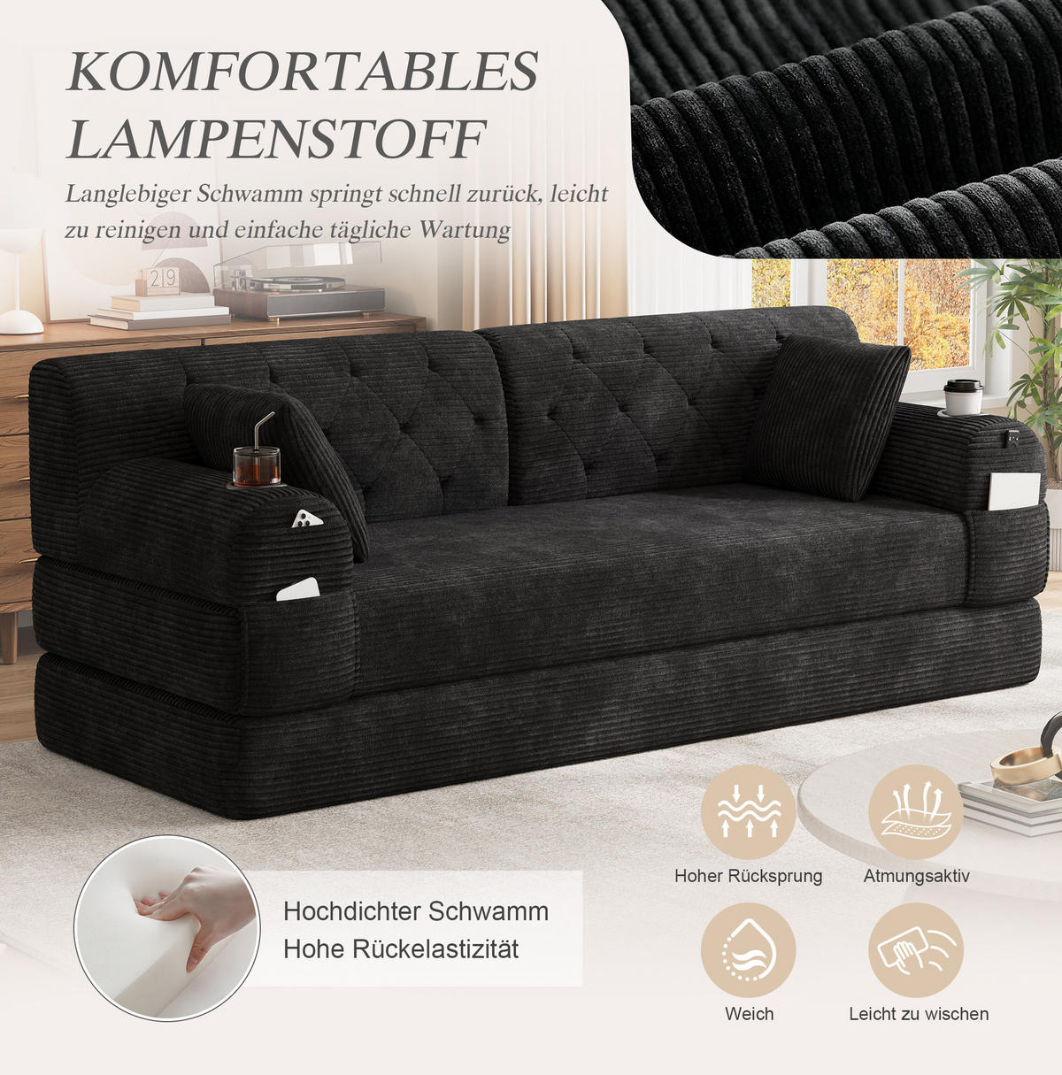 SCHLAFSOFA mit Schlaffunktion 208 x 80 cm Cord Schwarz - Schwarz, Textil (208/81/80cm) - IVMEU