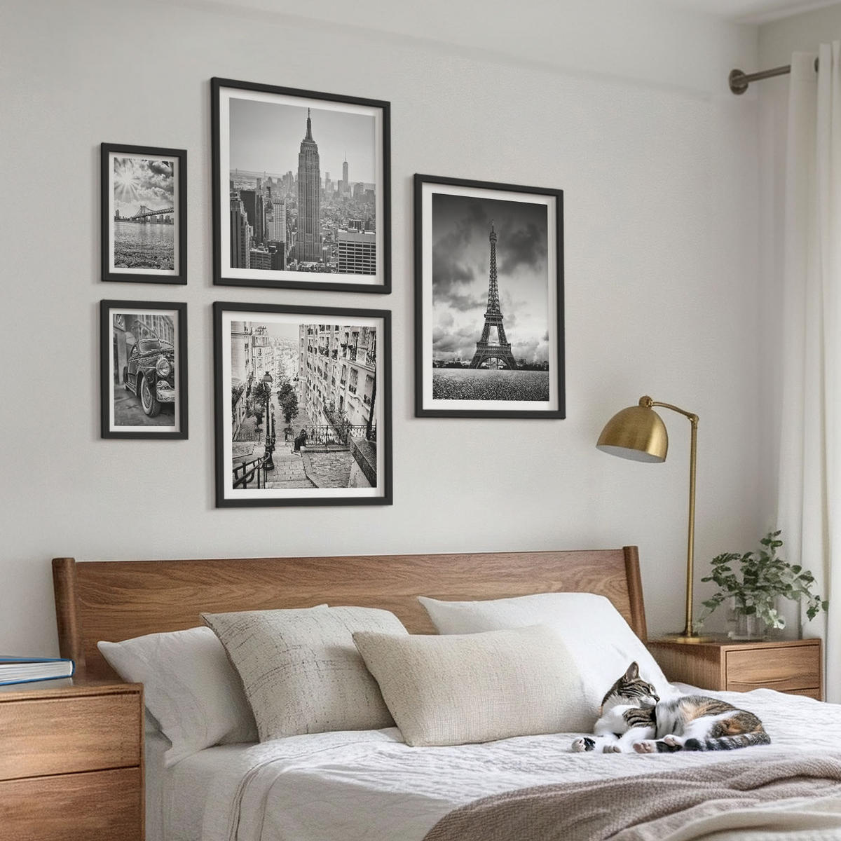 BILDER SET 5er Set - 50x50 cm & 20x30 cm & 40x60 cm Schwarzer Rahmen - Neonlinienwellen im Hintergrund - Schwarz, Kunststoff (40/60cm) - TULUP