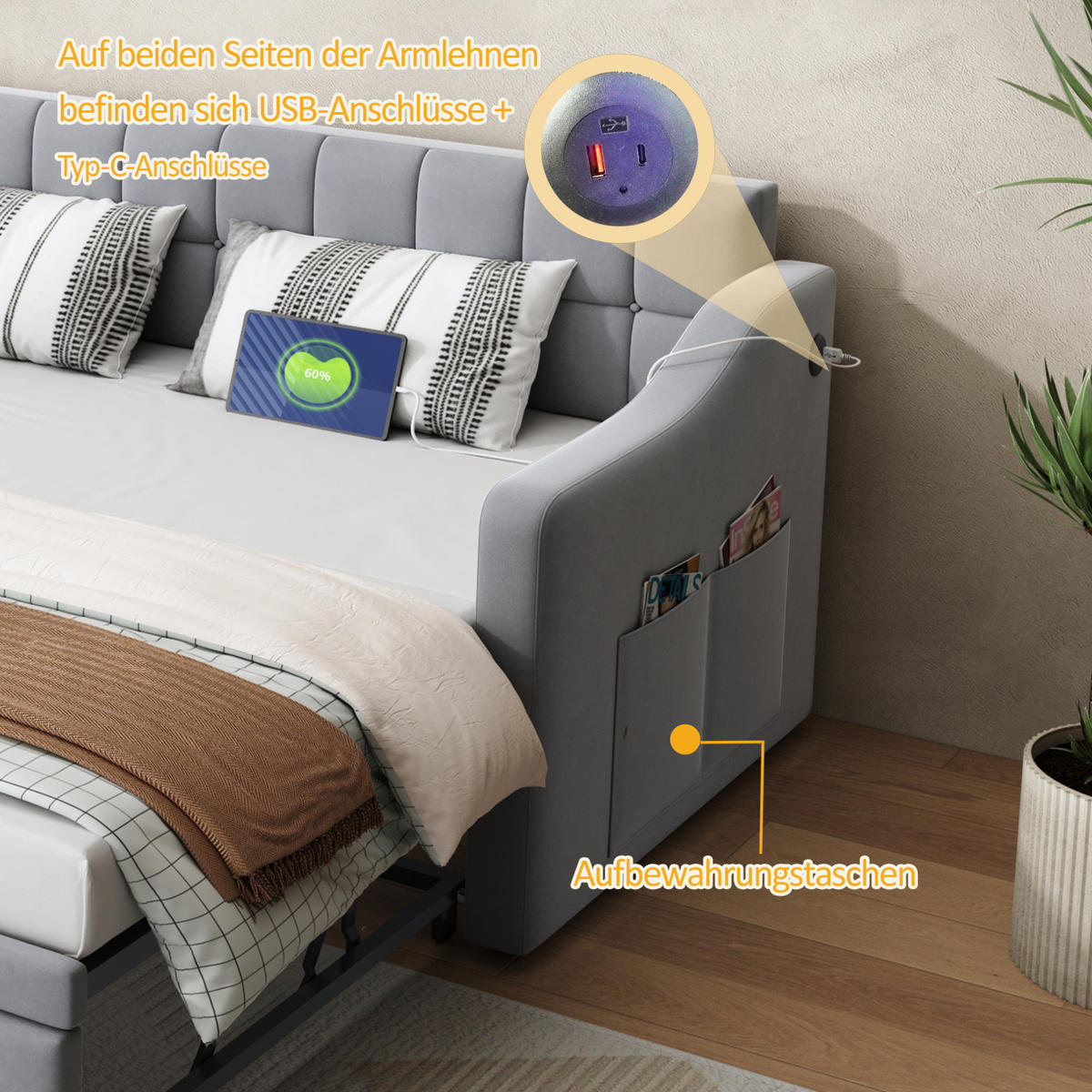 ČALÚNENÁ posteľ 90/190 cm s výsuvným lôžkom a USB portami, zamatový poťah, Svetlosivá - svetlosivá, textil (90/190cm) - Redom