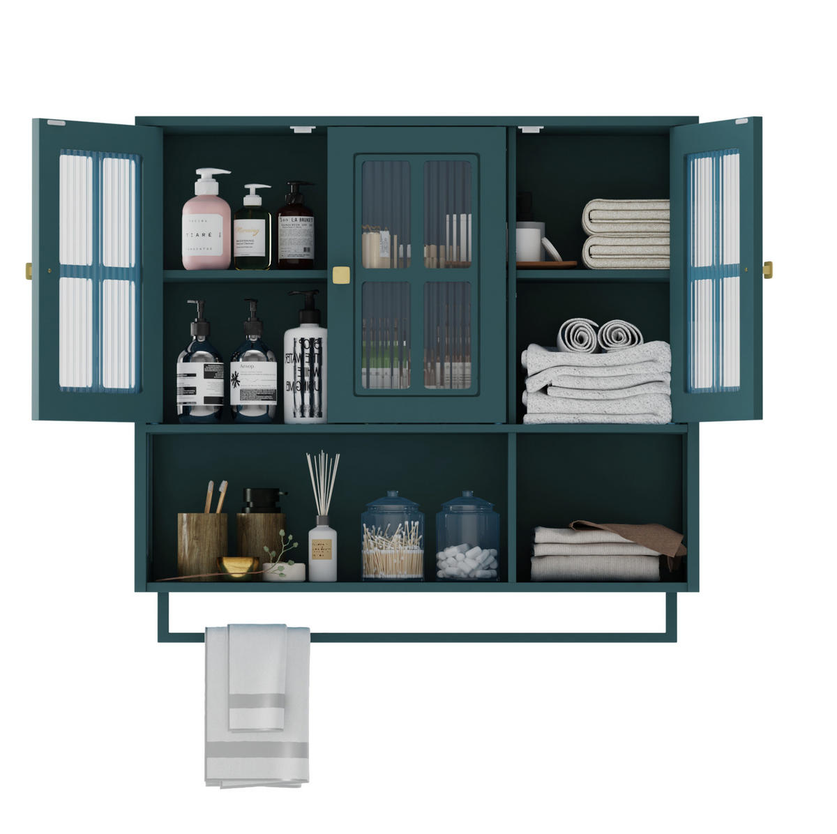 KÜCHENOBERSCHRANK 88/26/82,5 cm mit 3 Türen, offenen Fächern, Handtuchhalter und Riffelglas, MDF/Glas/Metall, Dunkelgrün - Dunkelgrün, Holzwerkstoff (88/82.5/26cm) - Redom