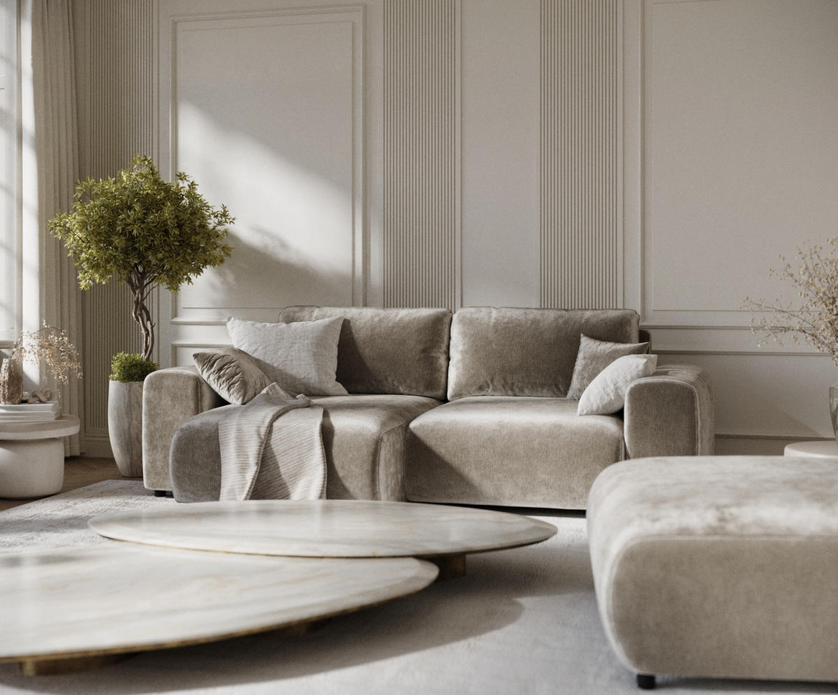 ECKSOFA Zanzibar Beige Chenille - Beige/Schwarz, Holz/Holzwerkstoff (237/144cm) - Maison de Reve