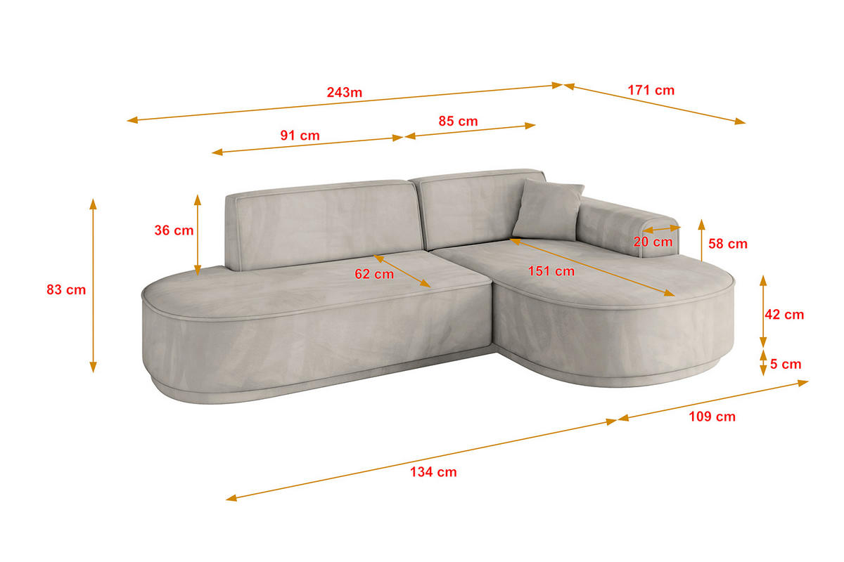 ECKSOFA Ottomane Rechts MARI-L1-v3 - 243x171x83 cm Hellbraun Velours - Hellbraun/Schwarz, Holzwerkstoff/Kunststoff (171/243cm) - ALTDECOR