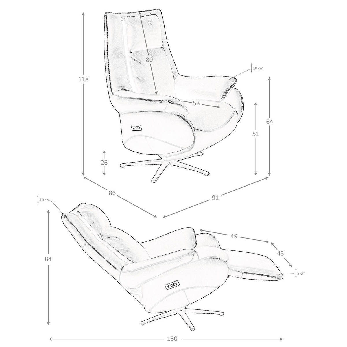 FERNSEHSESSEL Drehsessel aus schwarzem Leder 91/86/118 cm - Schwarz, Leder (91/118/86cm) - ANGEL CERDA
