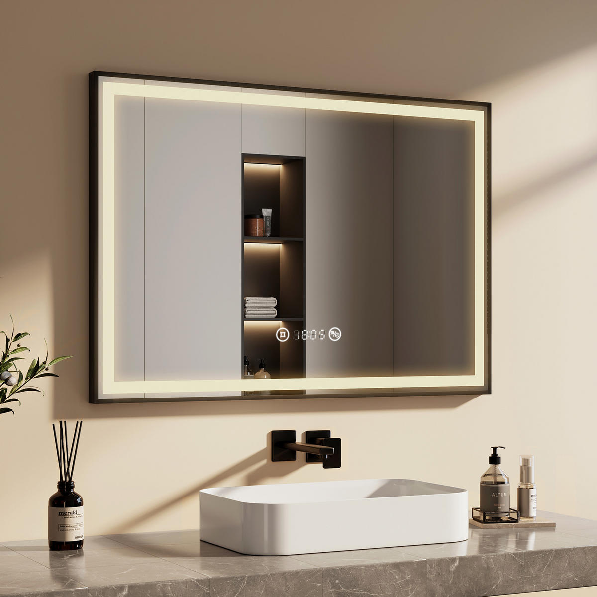 BADSPIEGEL mit Beleuchtung Schwarzer Rahmen 100/70 cm - Weiß, Glas (70/4/100cm) - EMKE