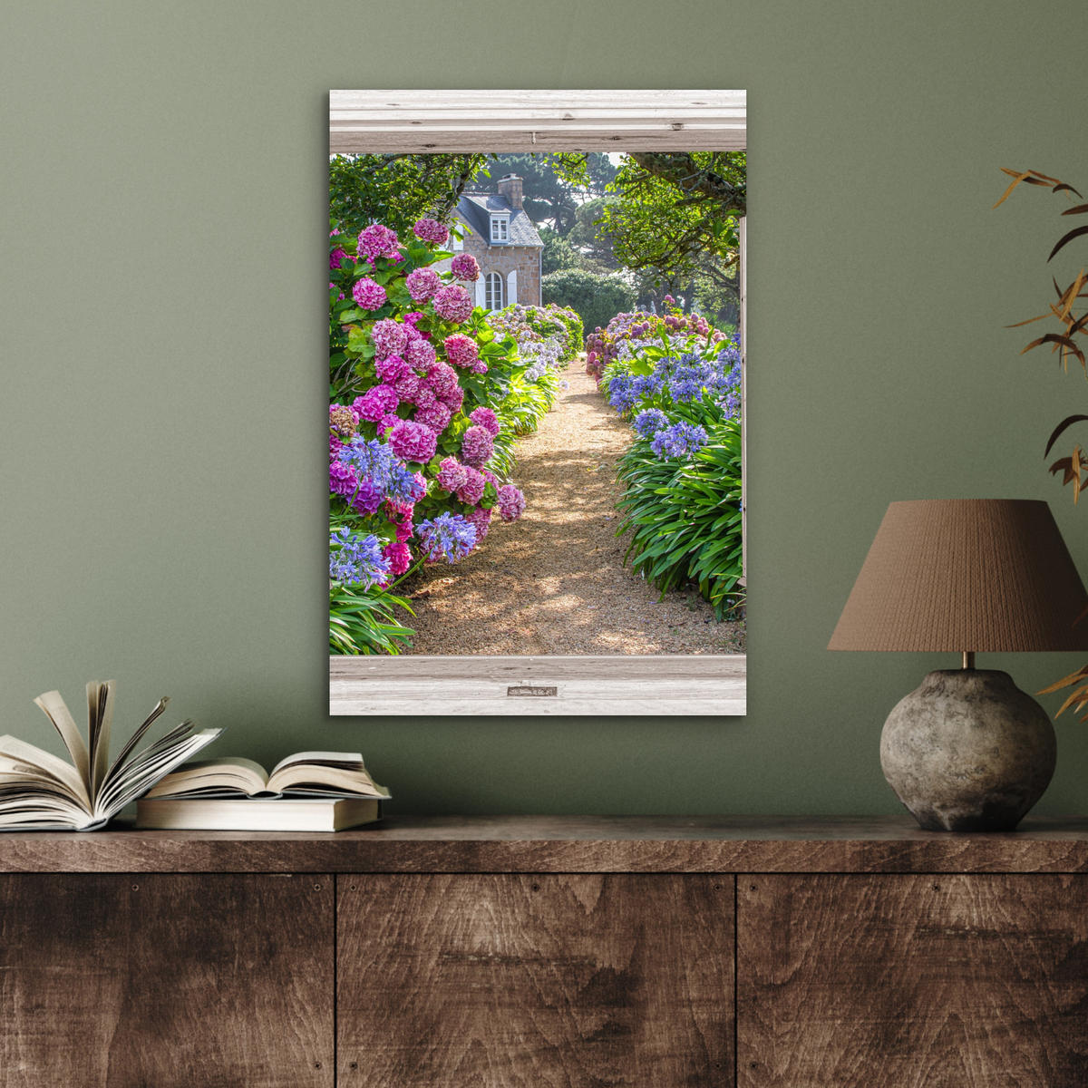METALLBILD Hortensie - Fensterblick - Blumen - Sommer - Lila - Weg 40x60 cm - Lila, Metall (40/60cm) - MuchoWow