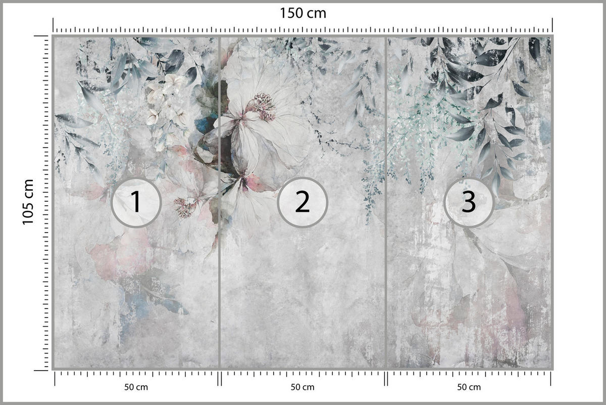 FOTOTAPETE für Schlafzimmer Zarte Blätter Beton Blumen Natur 150x105 - Schwarz/Rosa, Papier (150/105cm) - Muralo