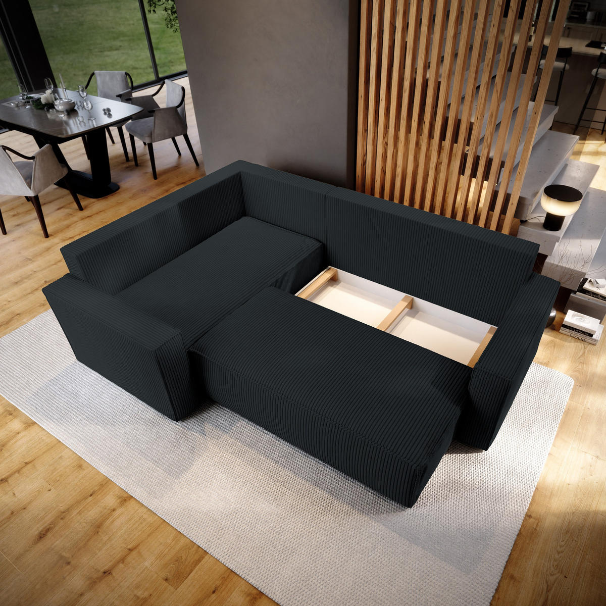 ECKSOFA ESTANO L-S Schwarz Kordstoff mit Schlaffunktion - Schwarz, Holz (230/158cm) - MASSENO