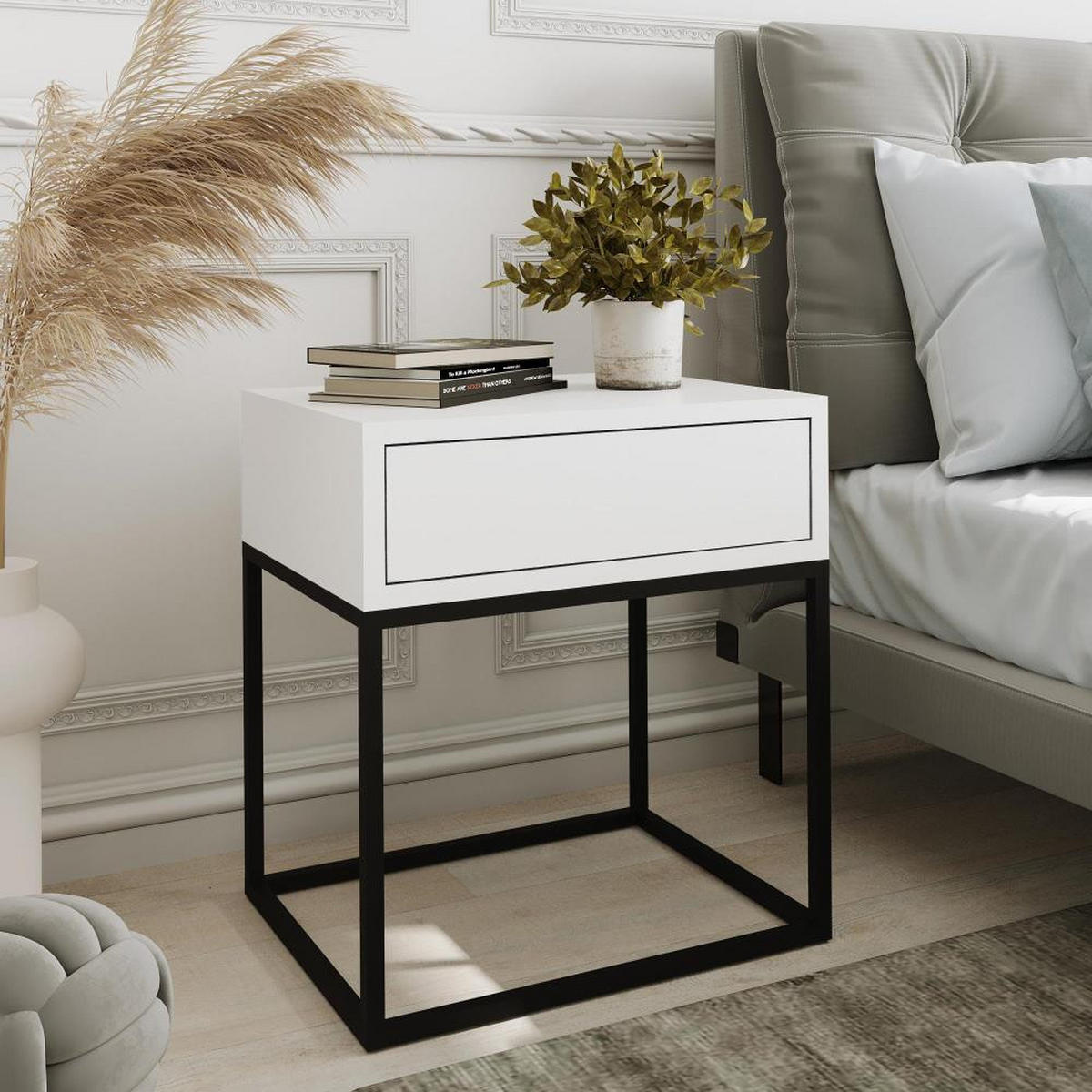 NACHTSCHRANK Kay 45/50/35 weiß - Schwarz/Weiß, Holzwerkstoff/Metall (45/50/35cm) - Beautysofa