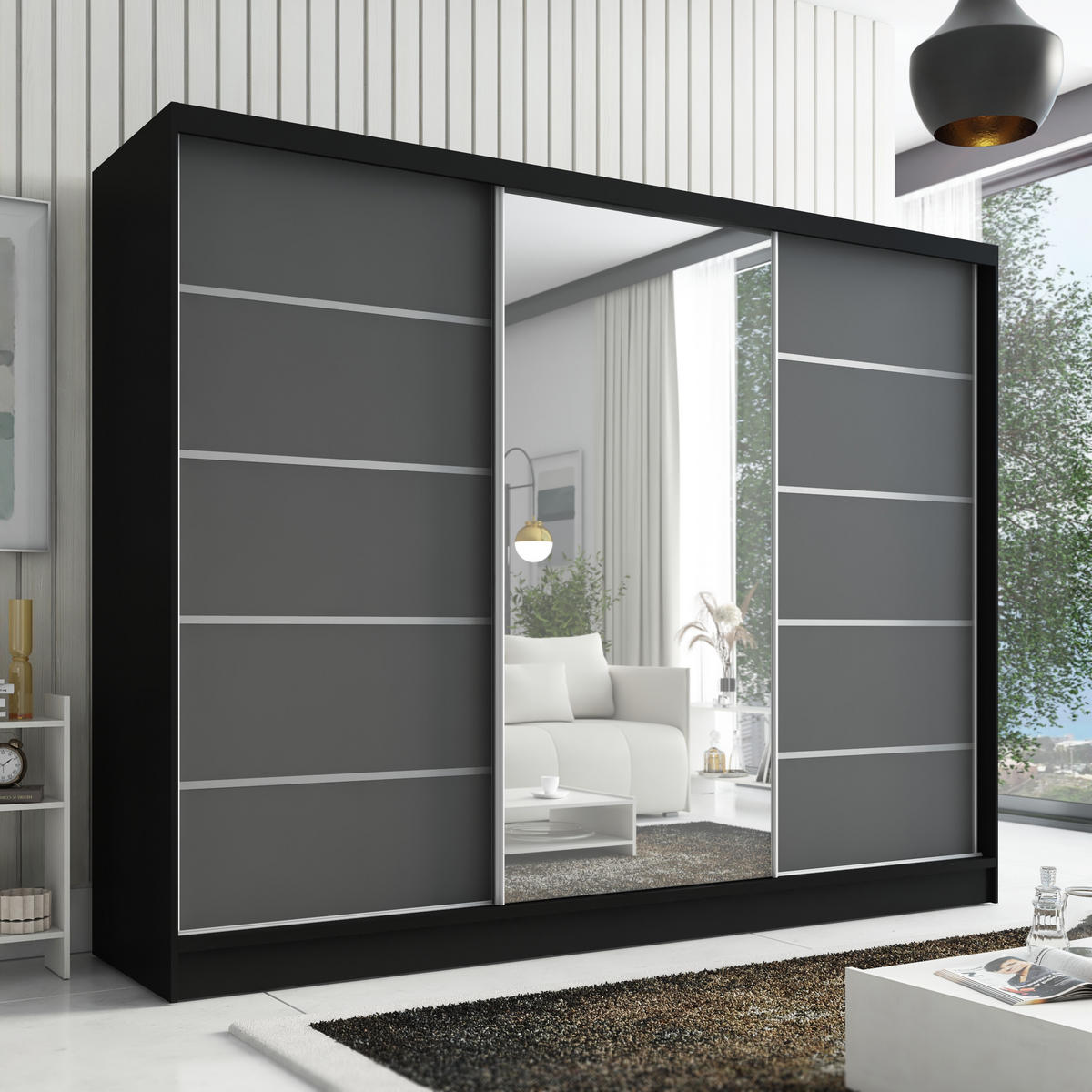 SCHWEBETÜRENSCHRANK 200 cm AURELIA 1 Farbe: Schwarz, Graphit - Schwarz/Graphitfarben, Holzwerkstoff (200/215/60cm) - A&J MöbelLand