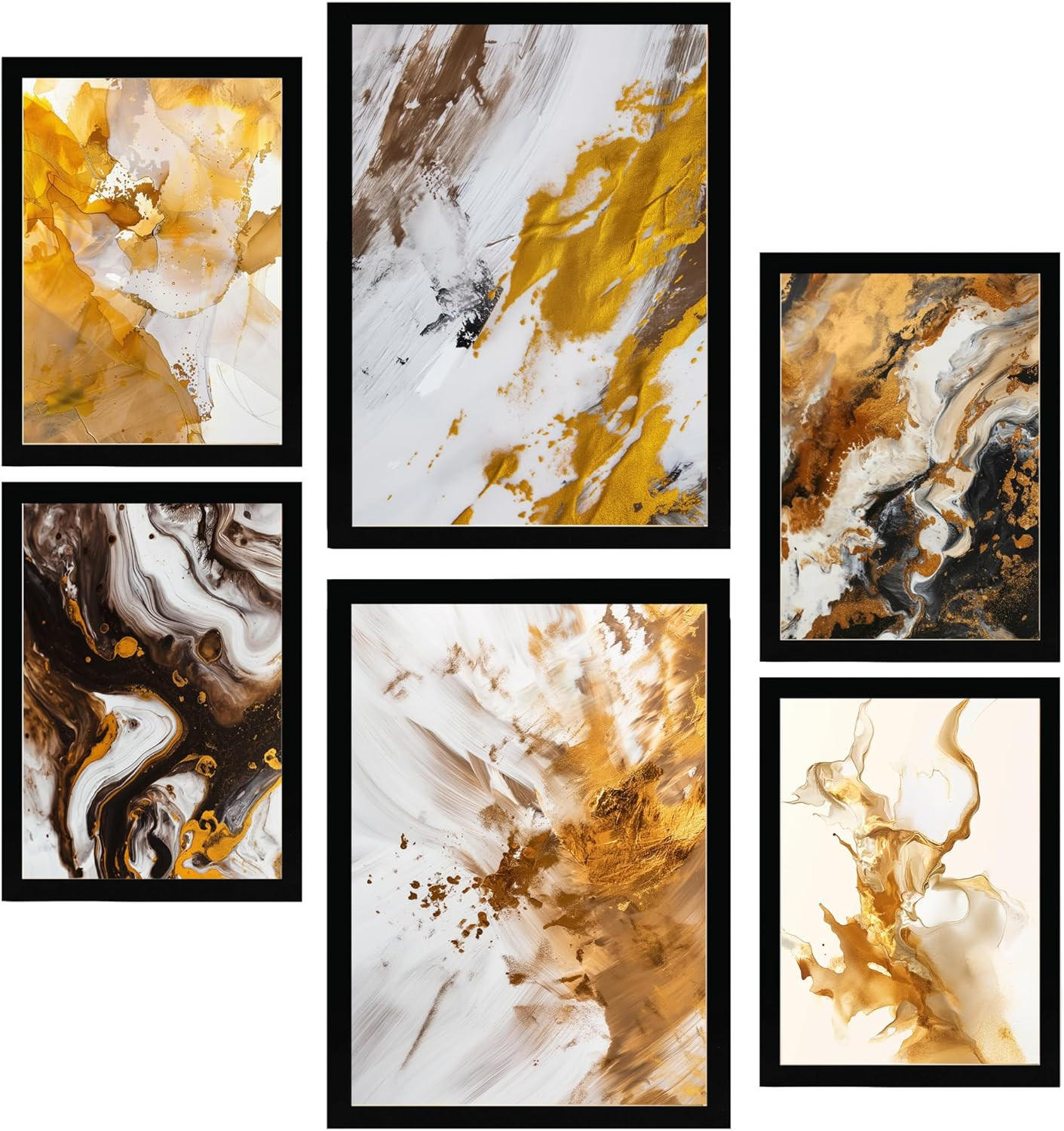 POSTER Set Mit 6 Abstrakte Farbe Braun Weiß Gold Formen A3 & A4 Schwarzer Rahmen - Schwarz, Papier (29/3/42cm) - Nacnic