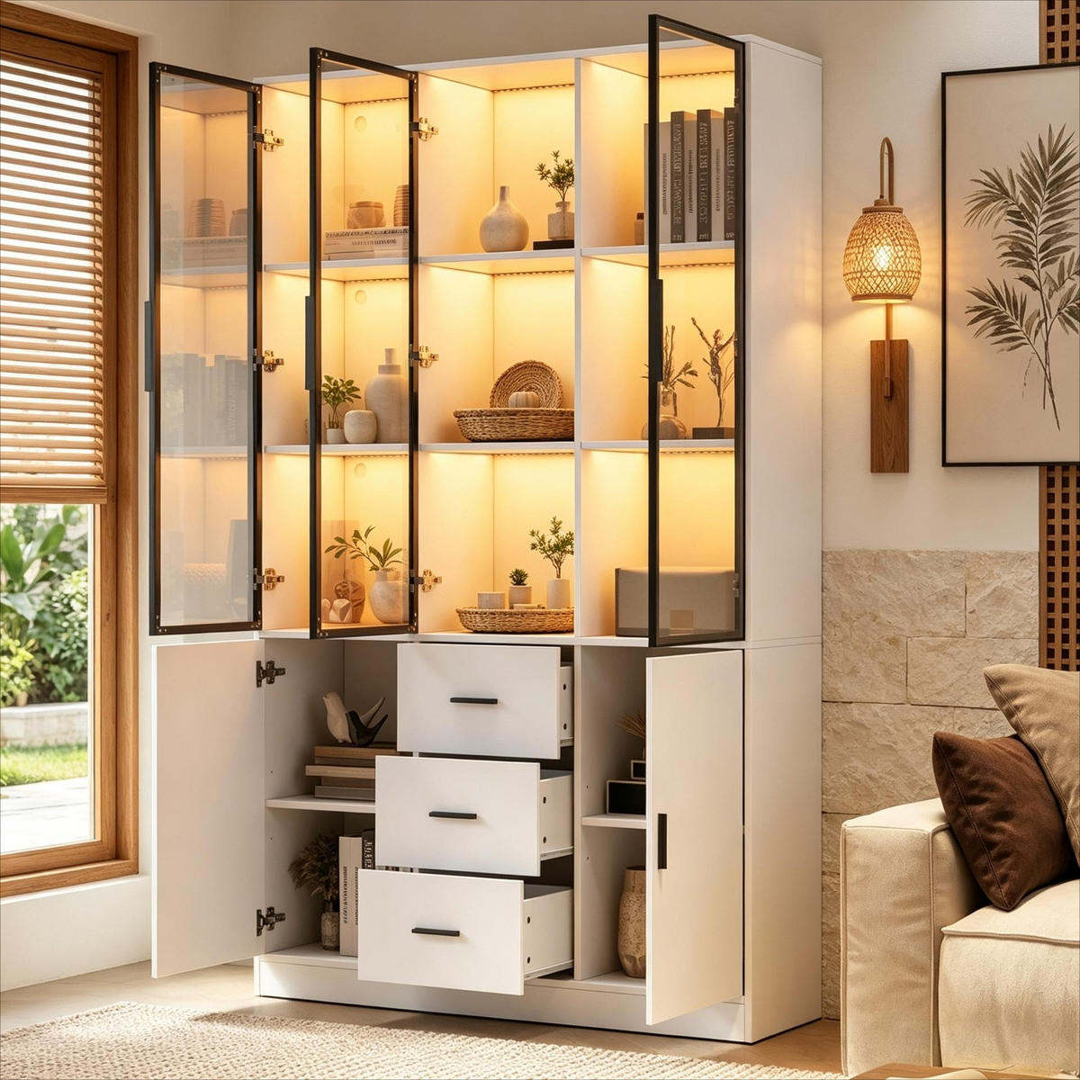 KÜCHENSCHRANK MIT LED BELEUCHTUNG 120/200/30 cm, Spanplatte und Glas, Weiß matt, Highboard mit 3 Schubladen für Wohnzimmer - Weiß, Holzwerkstoff (30/200/120cm) - Rolipo