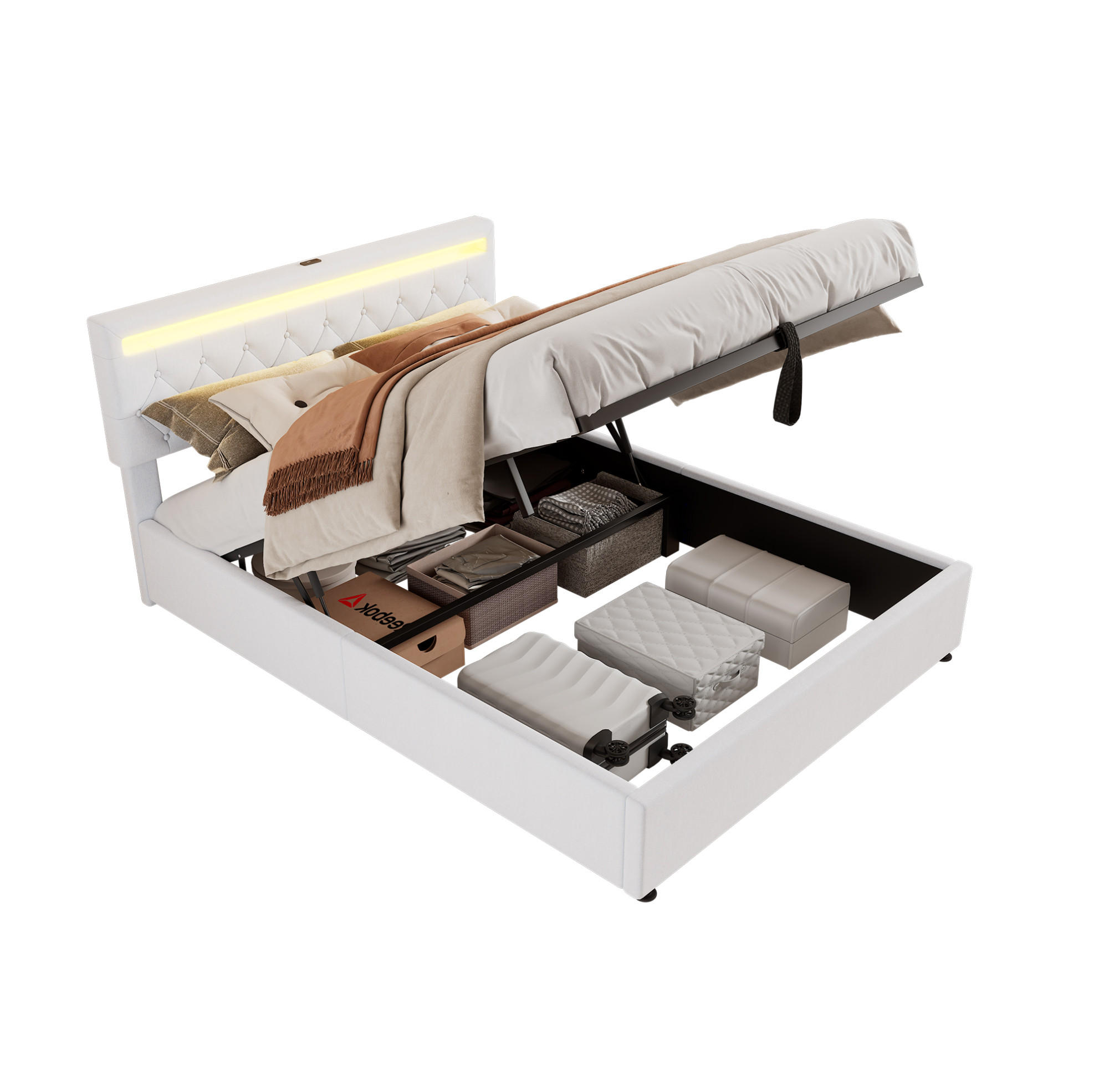 POLSTERBETT 160/200 cm Weiß mit LED-Beleuchtung und hydraulischem Stauraum - Weiß, Textil (160/200cm) - OKWISH
