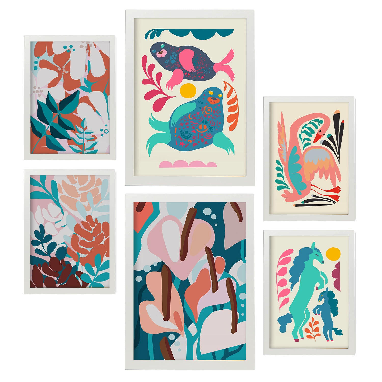 POSTER Set Mit 6 Lebende Harmonie In Tiere Zusammenfassungen A3 & A4 Weißer Rahmen - Weiß, Papier (29/3cm) - Nacnic