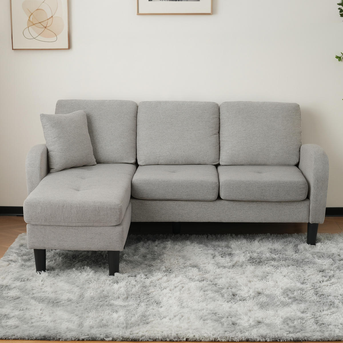 ECKSOFA L-förmig 3-Sitzer mit Chaiselongue Baumwoll-Leinen grau 166/118/77 cm - Hellgrau, Kunststoff (166/118cm) - OKWISH