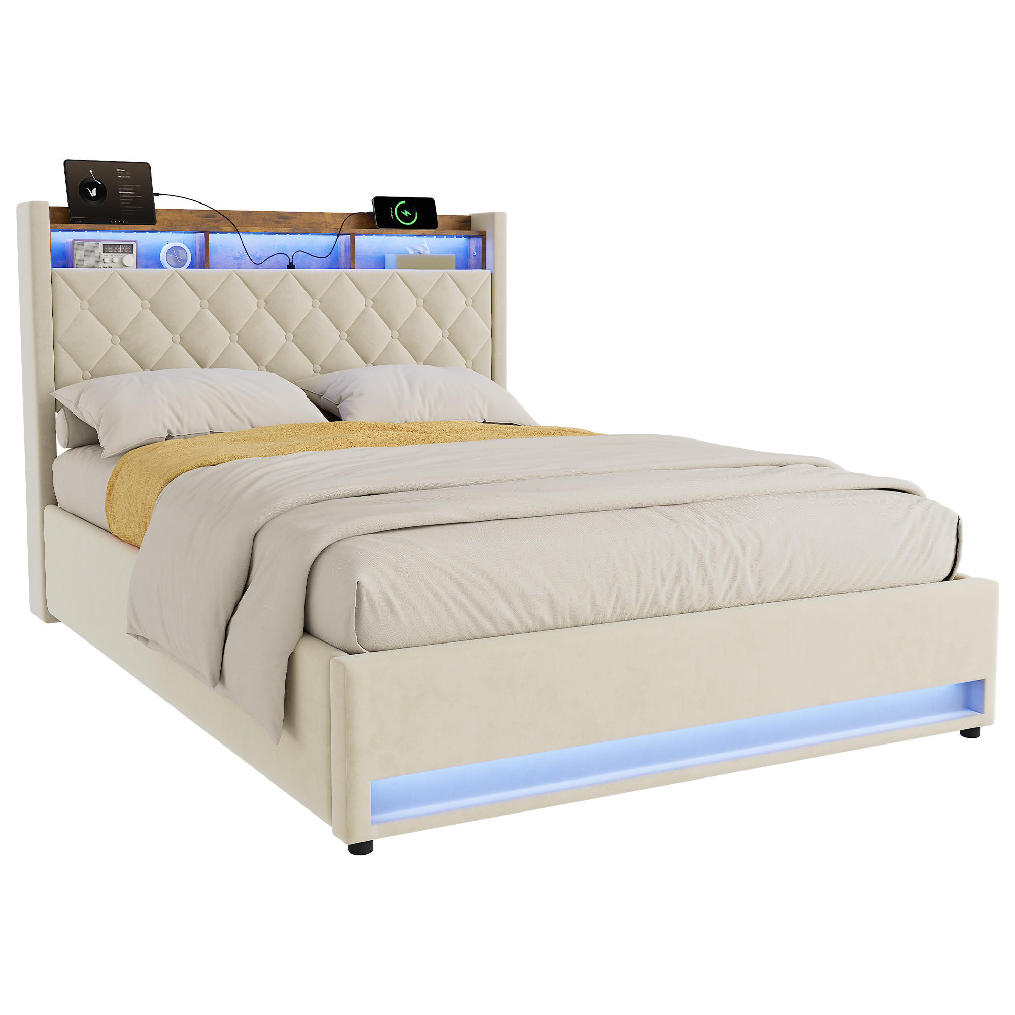 POLSTERBETT 140/190 cm in Beige, Samt, mit Bettkasten, USB, LED, ohne Matratze - Beige, Holzwerkstoff/Textil (140/190cm) - WISHDOR