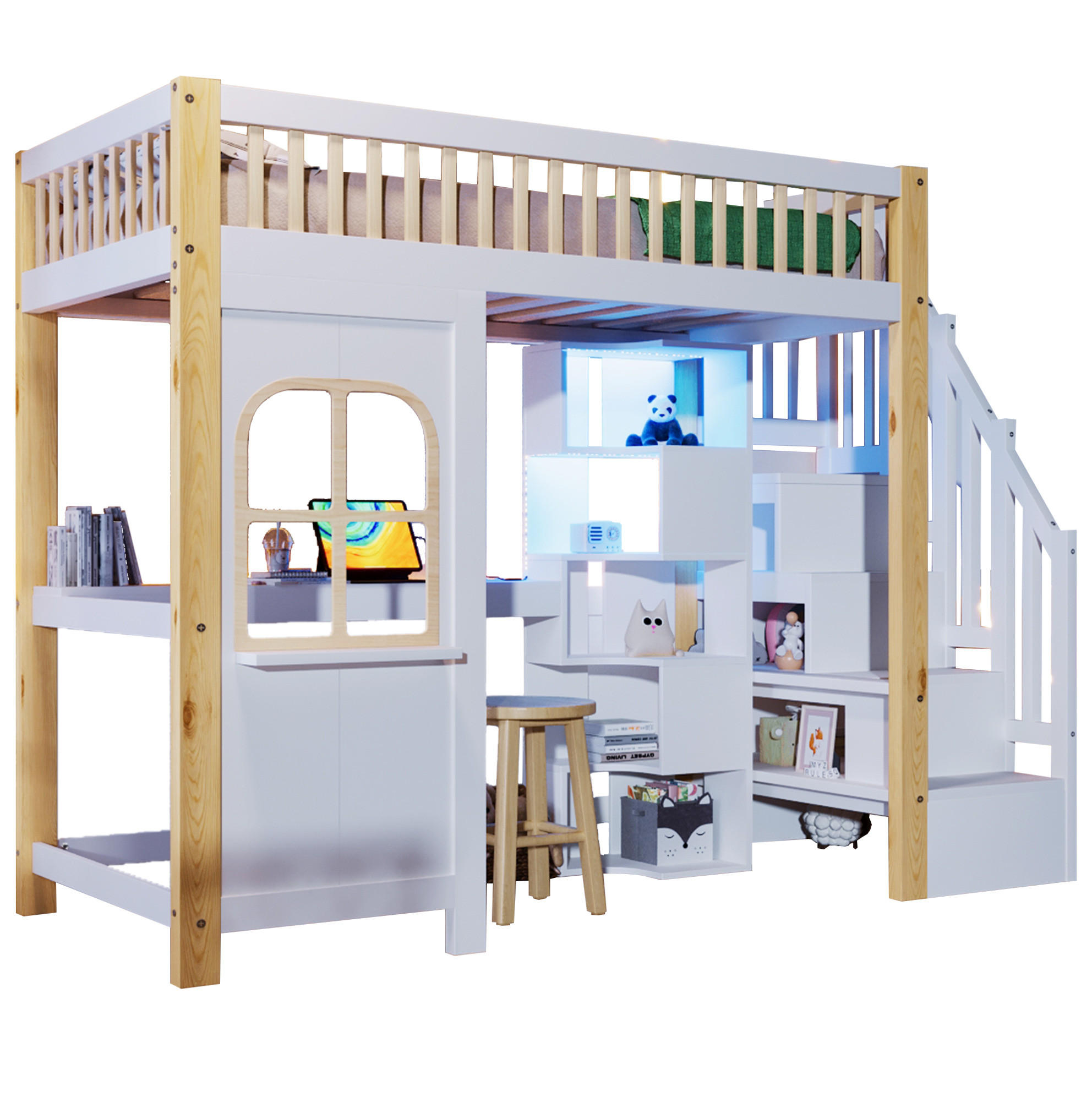 HOCHBETT 90/200 cm mit LED-Leuchten und Schreibtisch in Weiß und Natur mit Matratze - Weiß, Holzwerkstoff (140/200cm) - OKWISH
