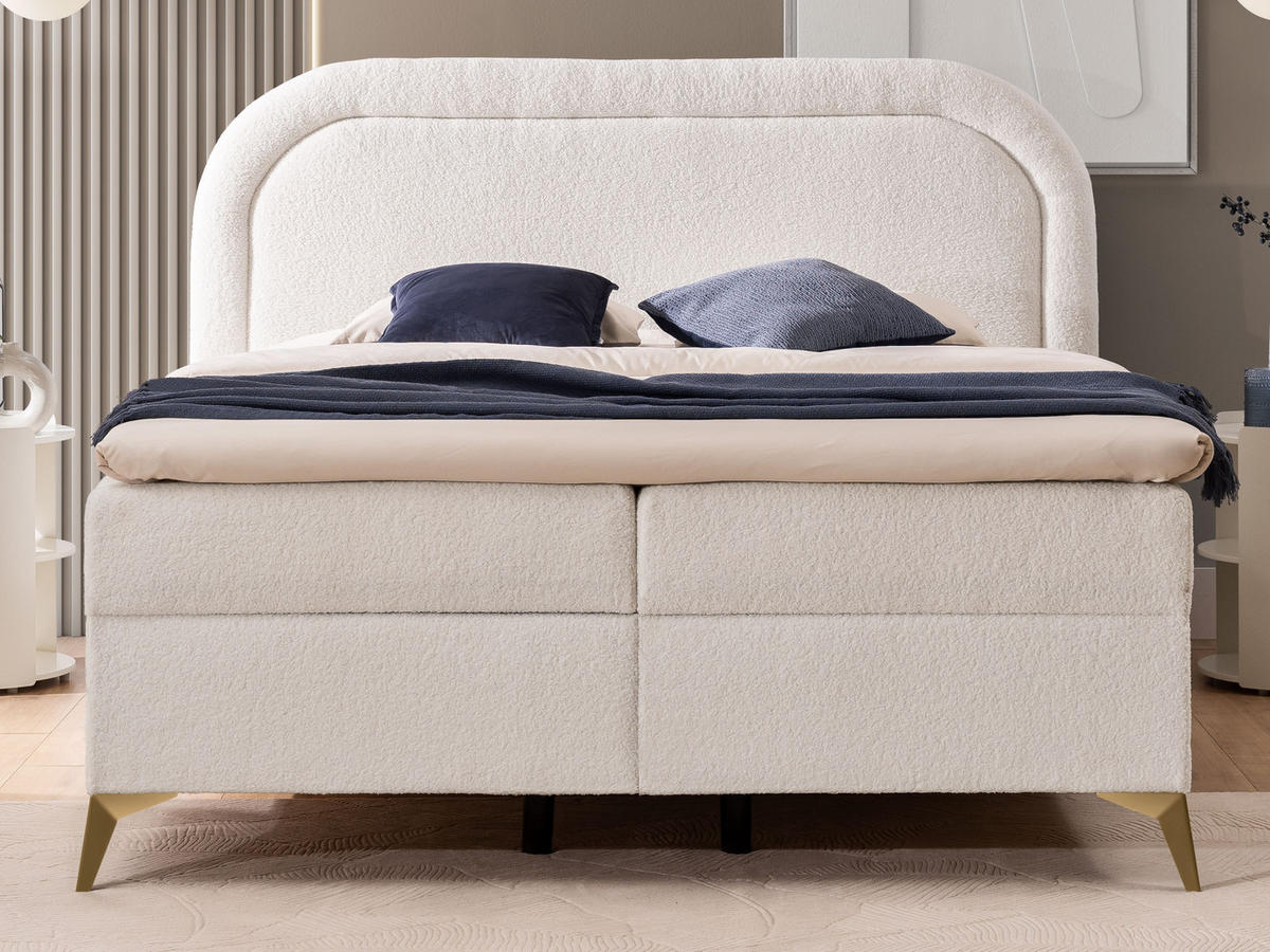 BOXBETT Sonna 140/200 cm Weiß Bouclé-Stoff mit abgerundetem Kopfteil und mit goldenen Metallfüßen - Goldfarben/Weiß, Holz/Textil (140/200cm) - S-Style Möbel