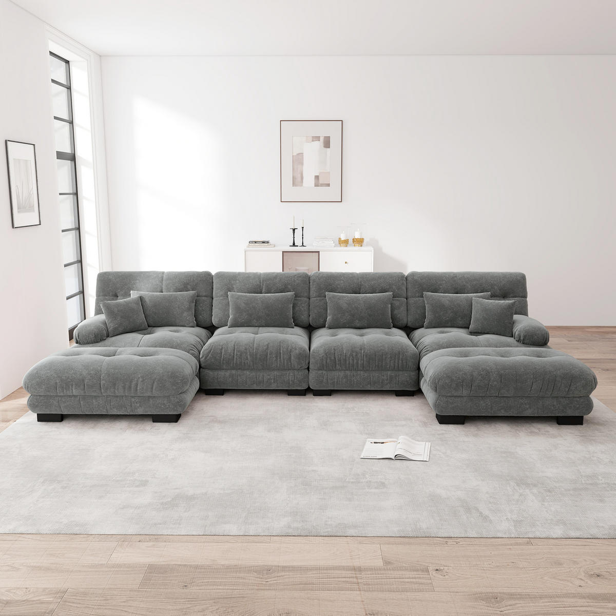 WOHNLANDSCHAFT Chenille Grau mit Ottomane - Grau, Textil (406/81/145cm) - WISHDOR