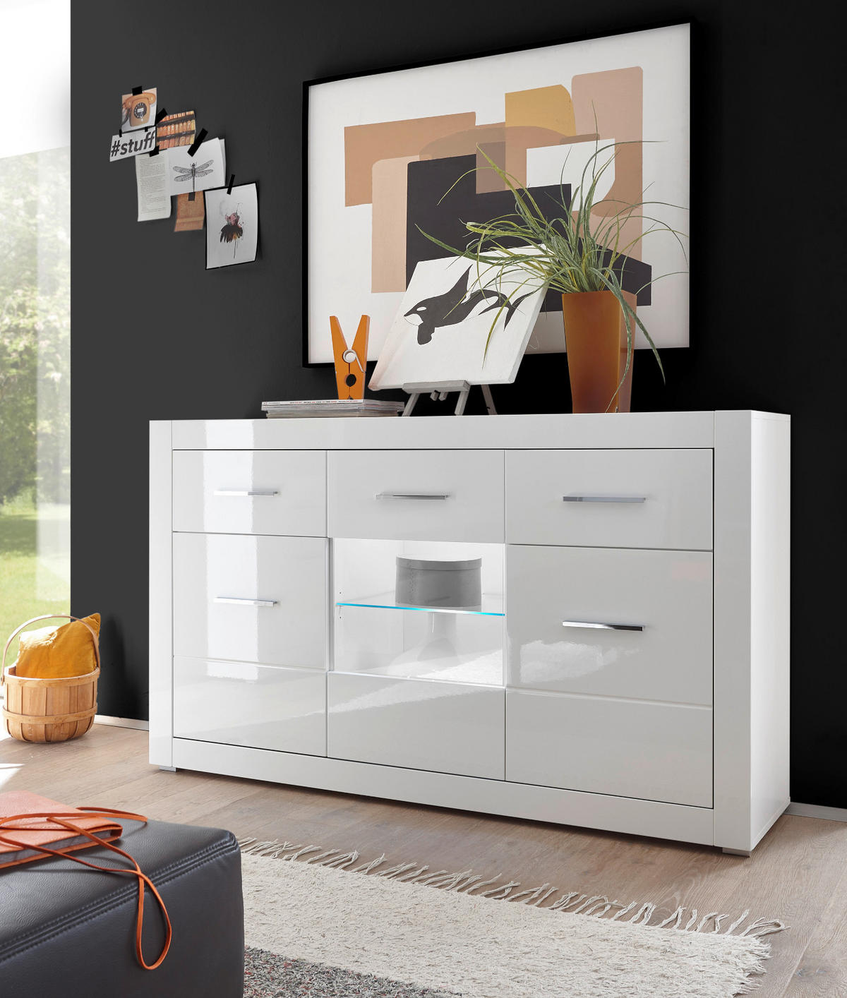 SIDEBOARD weiß Hochglanz 164 cm, Kommode mit 6 Fächern - Chromfarben/Weiß Hochglanz, Glas/Holzwerkstoff (164/97/42cm) - Furn.Design