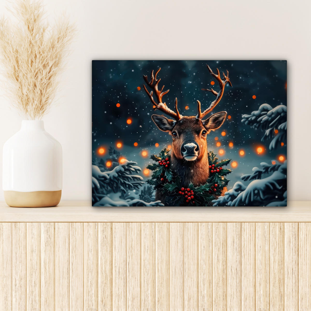 LEINWANDBILD Hirsch - Weihnachten - Winter - Schnee - Weihnachtskranz 40x30 cm - Dunkelbraun, Textil (40/30cm) - MuchoWow