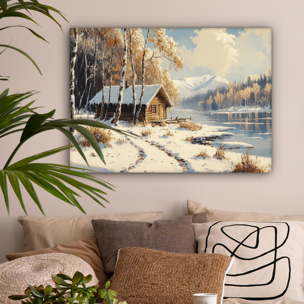 LEINWANDBILD Winter - Schnee - Zuhause - Natur Wandbilder 80x60 cm - Hellbraun, Textil (80/60cm) - MuchoWow