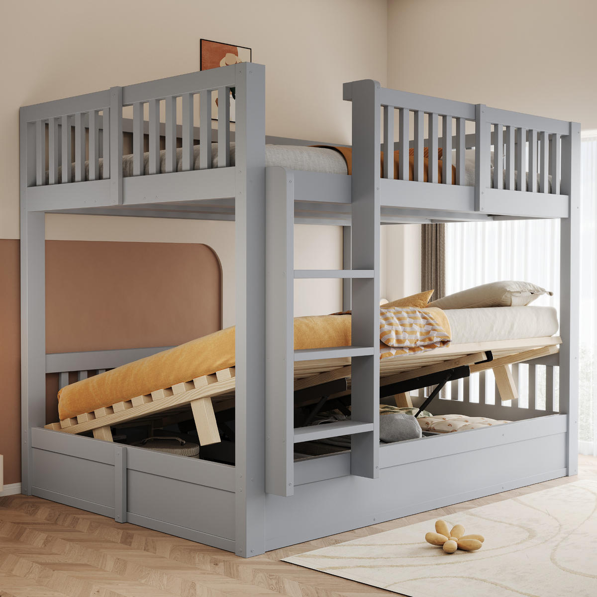 KINDER-ETAGENBETT 140*200 aus Massivholz mit Stauraum, Grau - Grau, Holz (140/200cm) - FLIEKS