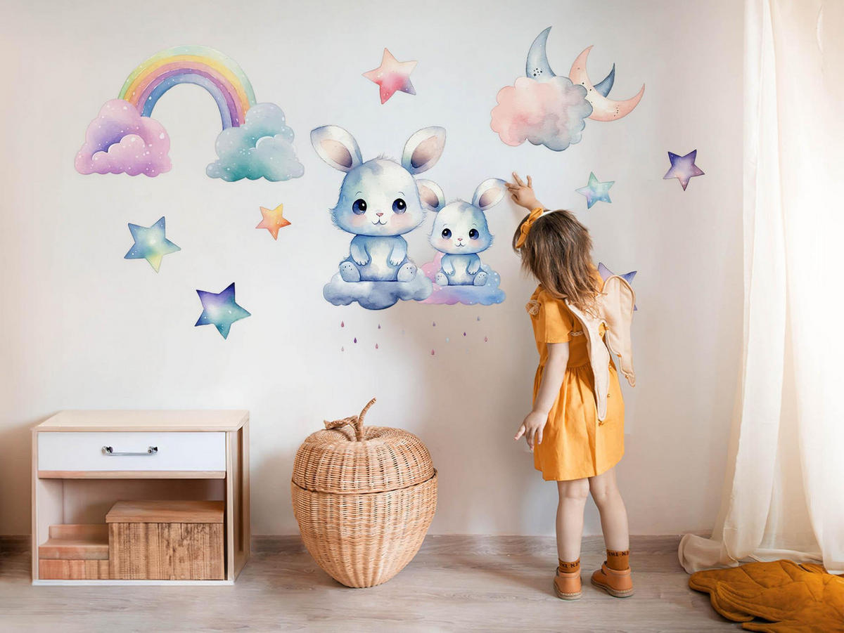 WANDAUFKLEBER 60x80cm - Niedliche Häschen am Himmel - Multicolor, Kunststoff (60/80/0.1cm) - Wallfluent