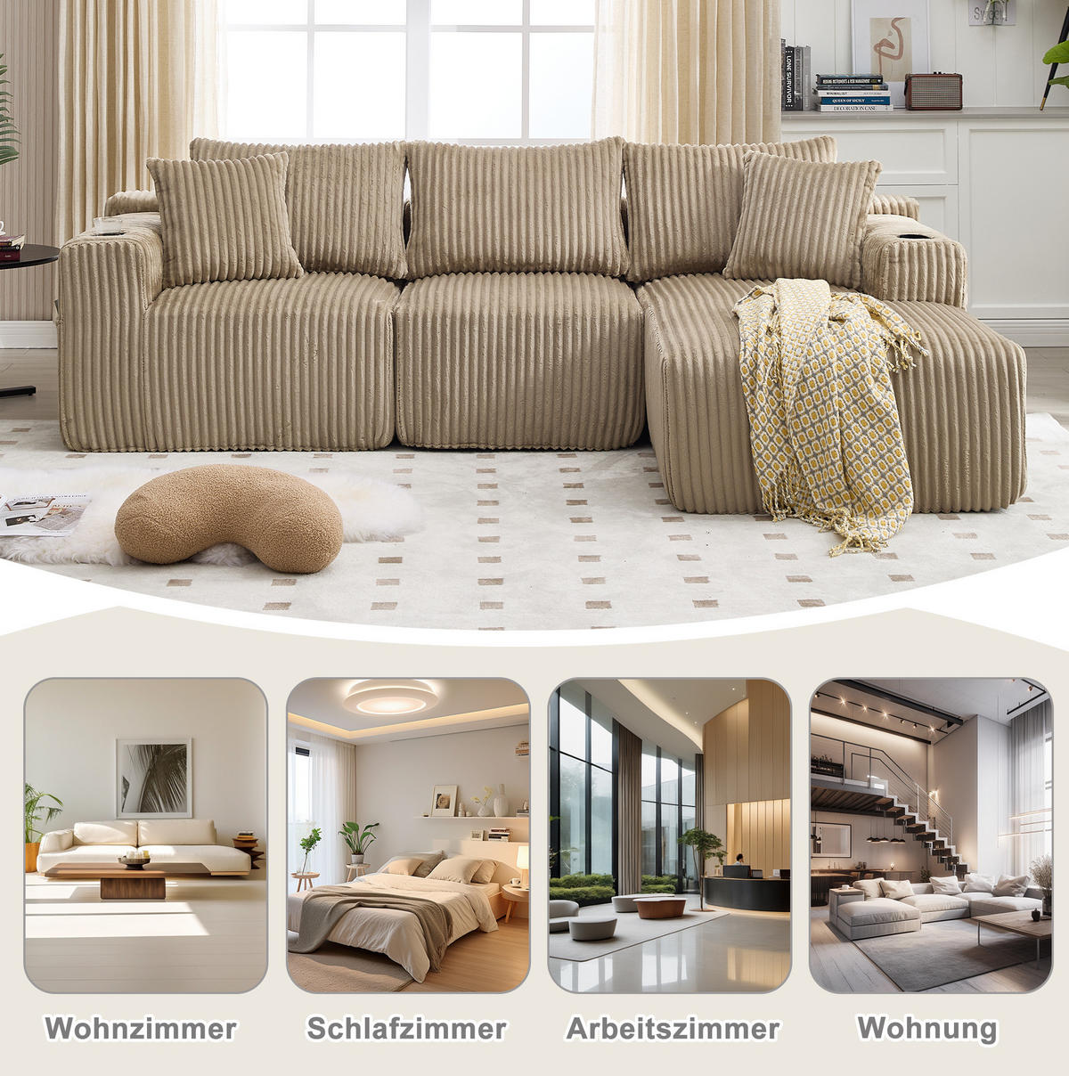 MODULARES Sofa-Set Cord mit Chaiselongue und 2-Sitzer Getränkehalter und Seitentaschen 257/90 160/62 cm Sandfarben - Sandfarben, Textil (160/257cm) - Redom