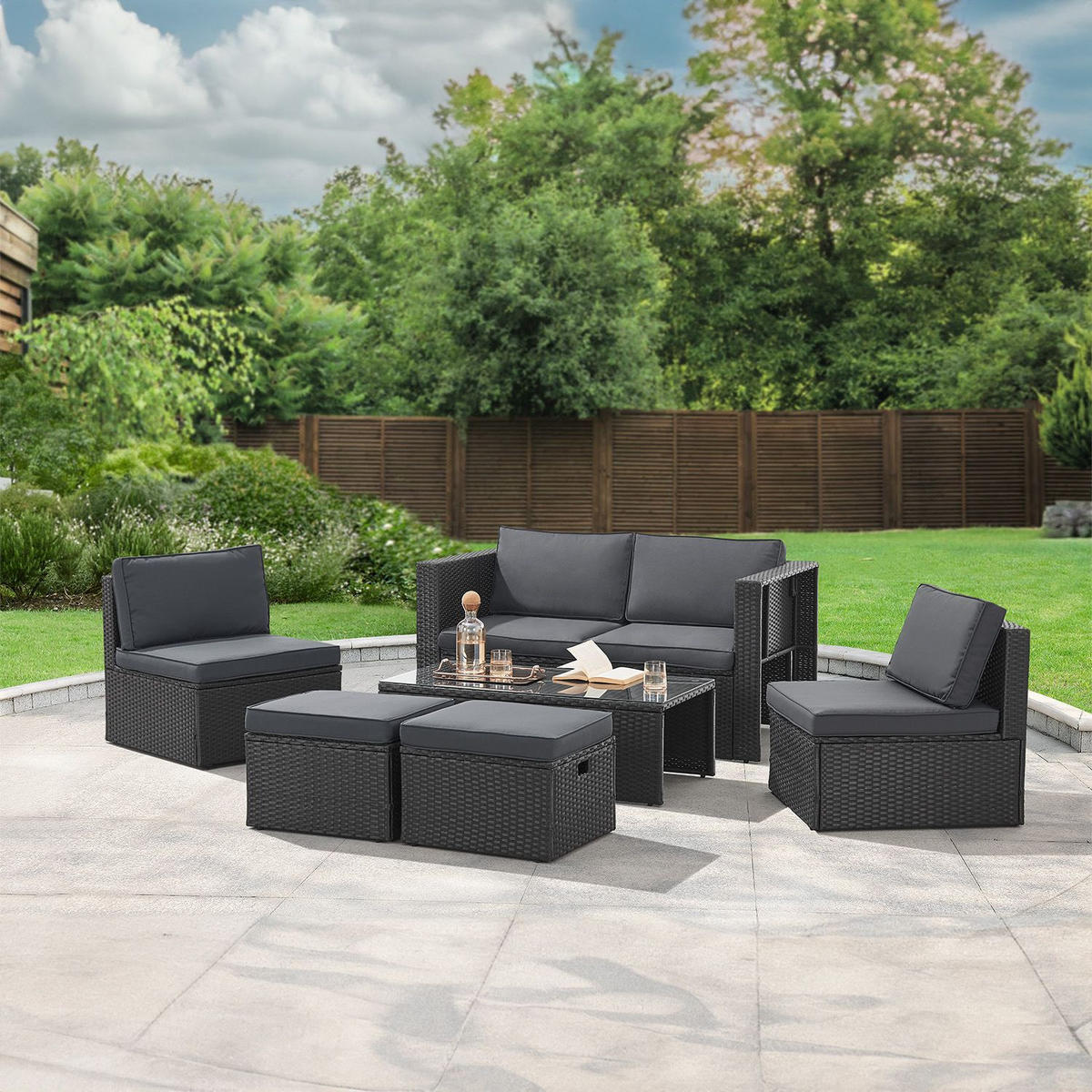 LOUNGEGARNITUR Salou inkl. Abdeckung schwarz - Schwarz, Kunststoff - Juskys