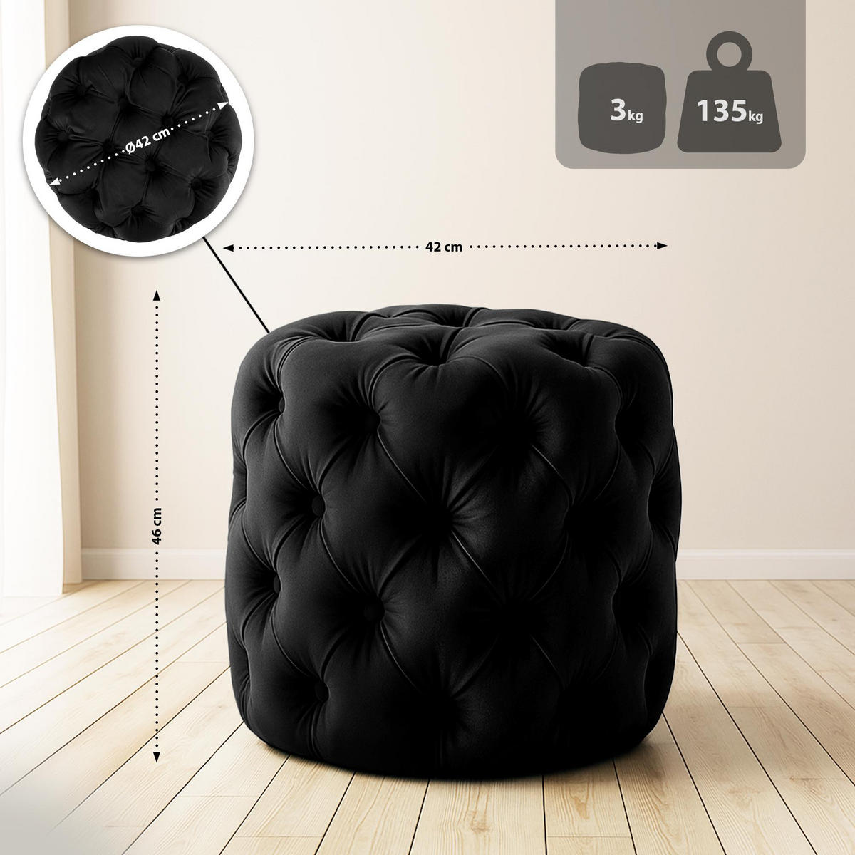 SITZHOCKER Bador Samt Schwarz Hocker Schlafzimmer - Schwarz, Textil (42/46/42cm) - DELUKE