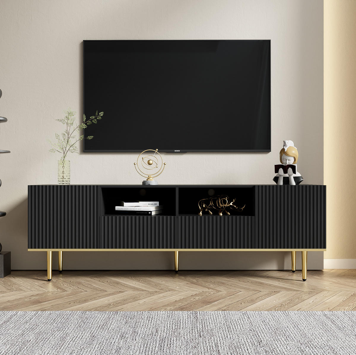 TV-SCHRANK 165/36/55 cm schwarz Akazie mit goldenen Füßen und grifflosen Türen - Schwarz, Holzwerkstoff (165/55/36cm) - OKWISH