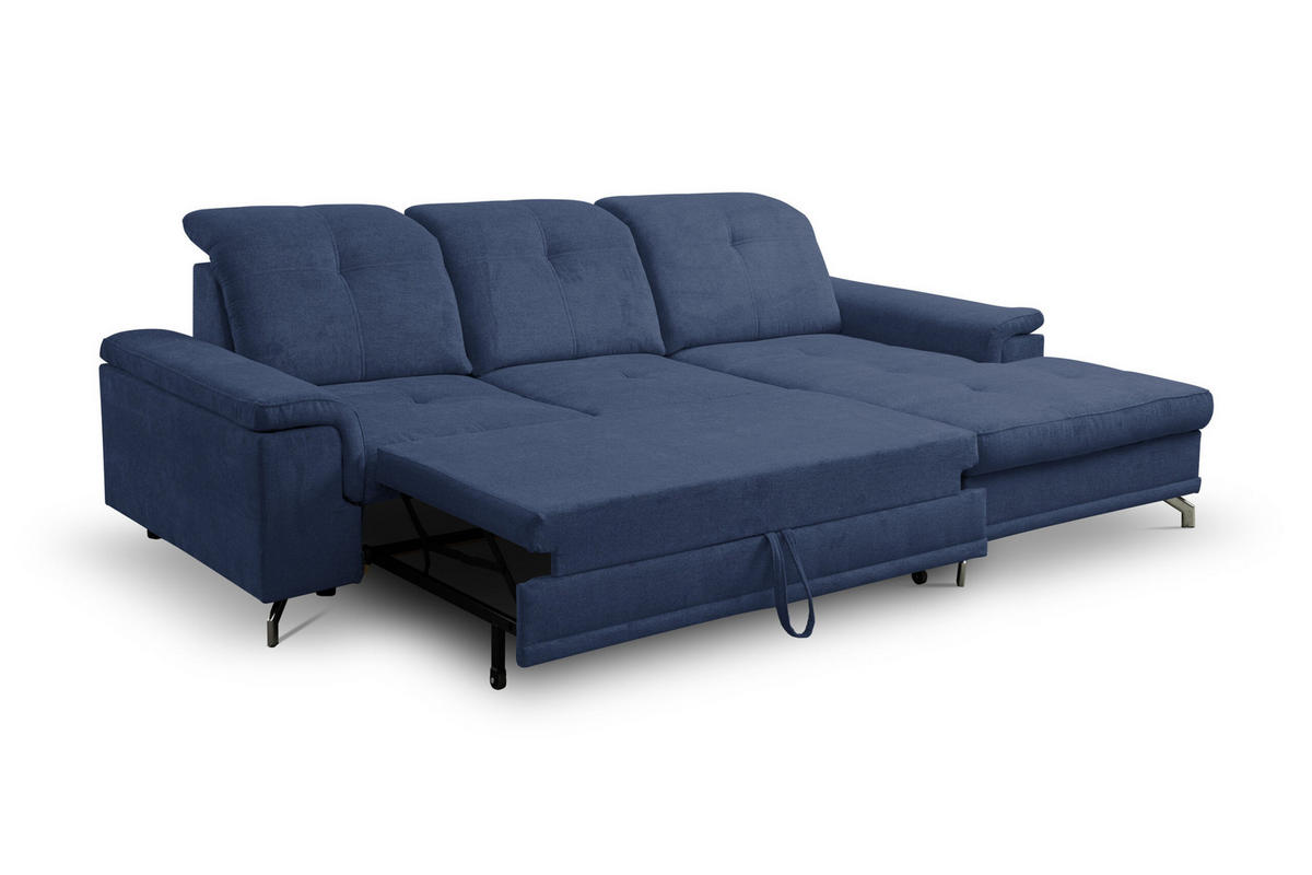 ECKSOFA PANAMA mit Schlaffunktion und Bettkasten, Farbe: Dunkelblau, Velourstoff, Ottomane Rechts - Dunkelblau, Textil (270/180cm) - VENASI MÖBEL