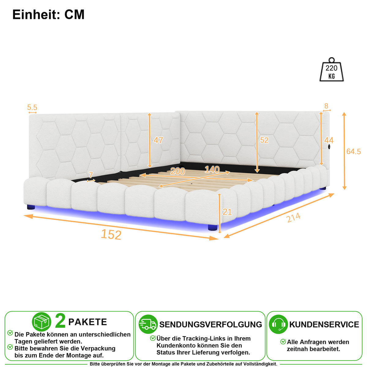 SCHLAFSOFA 140/200 cm in Weiß mit LED, USB und Type-C - Weiß, Holzwerkstoff/Textil (140/200cm) - CHICFURN
