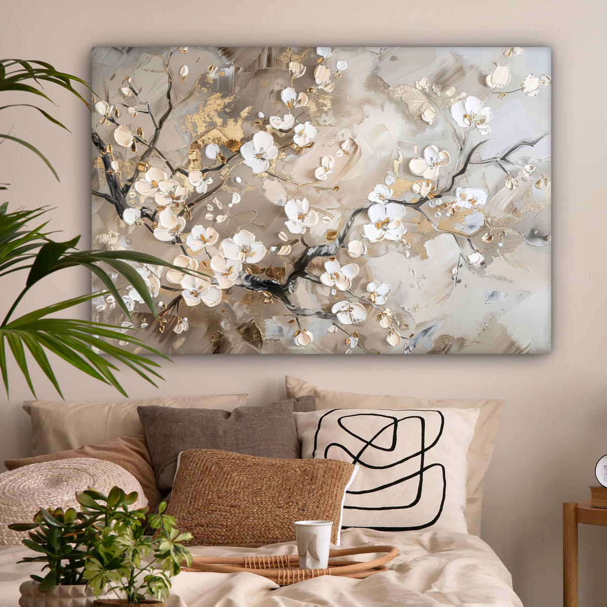 OBRAZ NA PLÁTNE Kvety - biela - zlatá - béžová - luxusná 120x80 cm - sivobéžová, textil (120/80cm) - MuchoWow