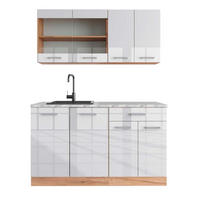 SINGLEKÜCHE R-Line Weiß Hochglanz/Goldkraft Eiche 140 cm, AP Marmor - Weiß Hochglanz/Eiche Wotan, Holzwerkstoff (140/81.6/60cm) - Vicco