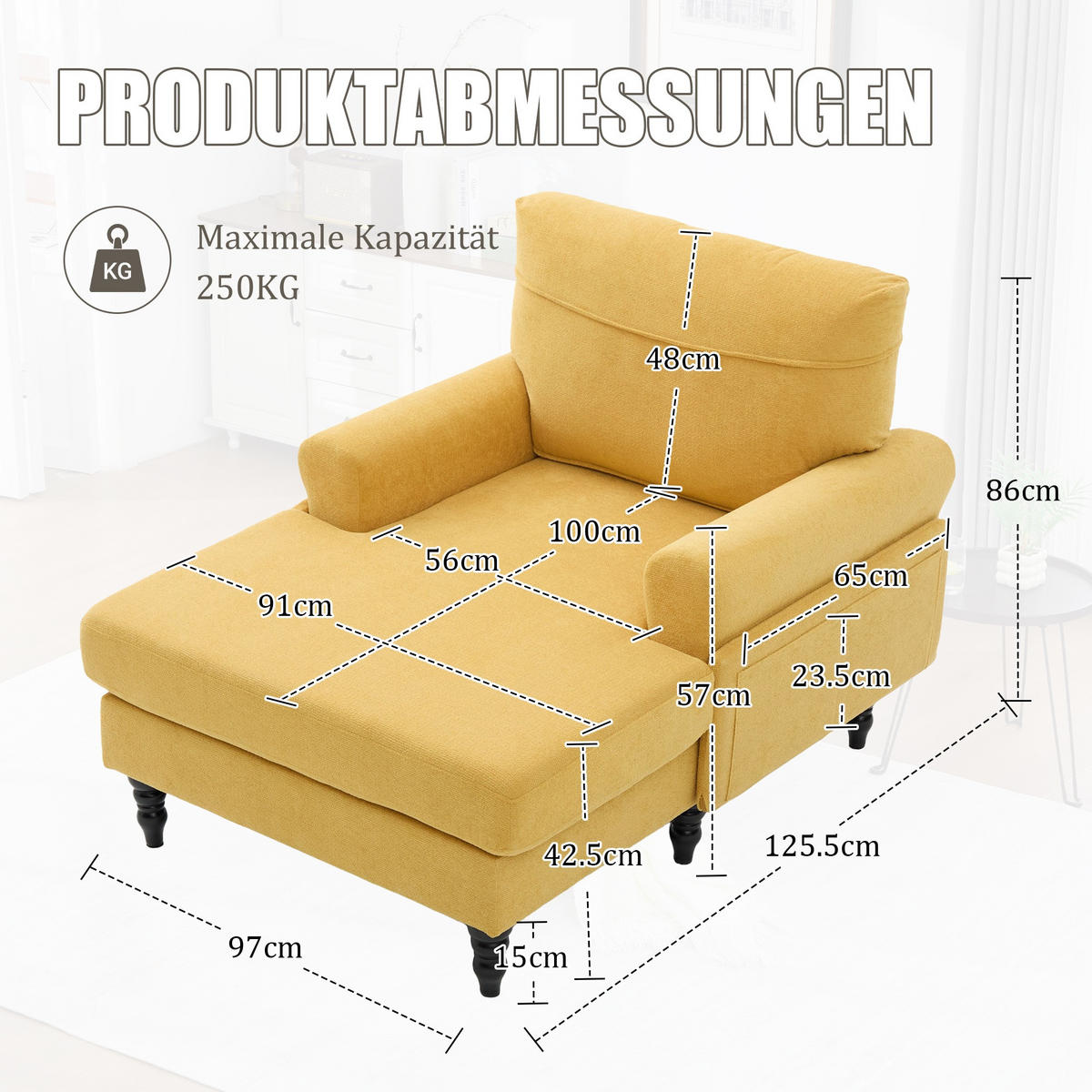 RELAXSESSEL Liege,hochdichte Polsterung,Seitentaschen,Chenille,Gelb - Gelb, Textil (97/86/125.5cm) - LVHOM