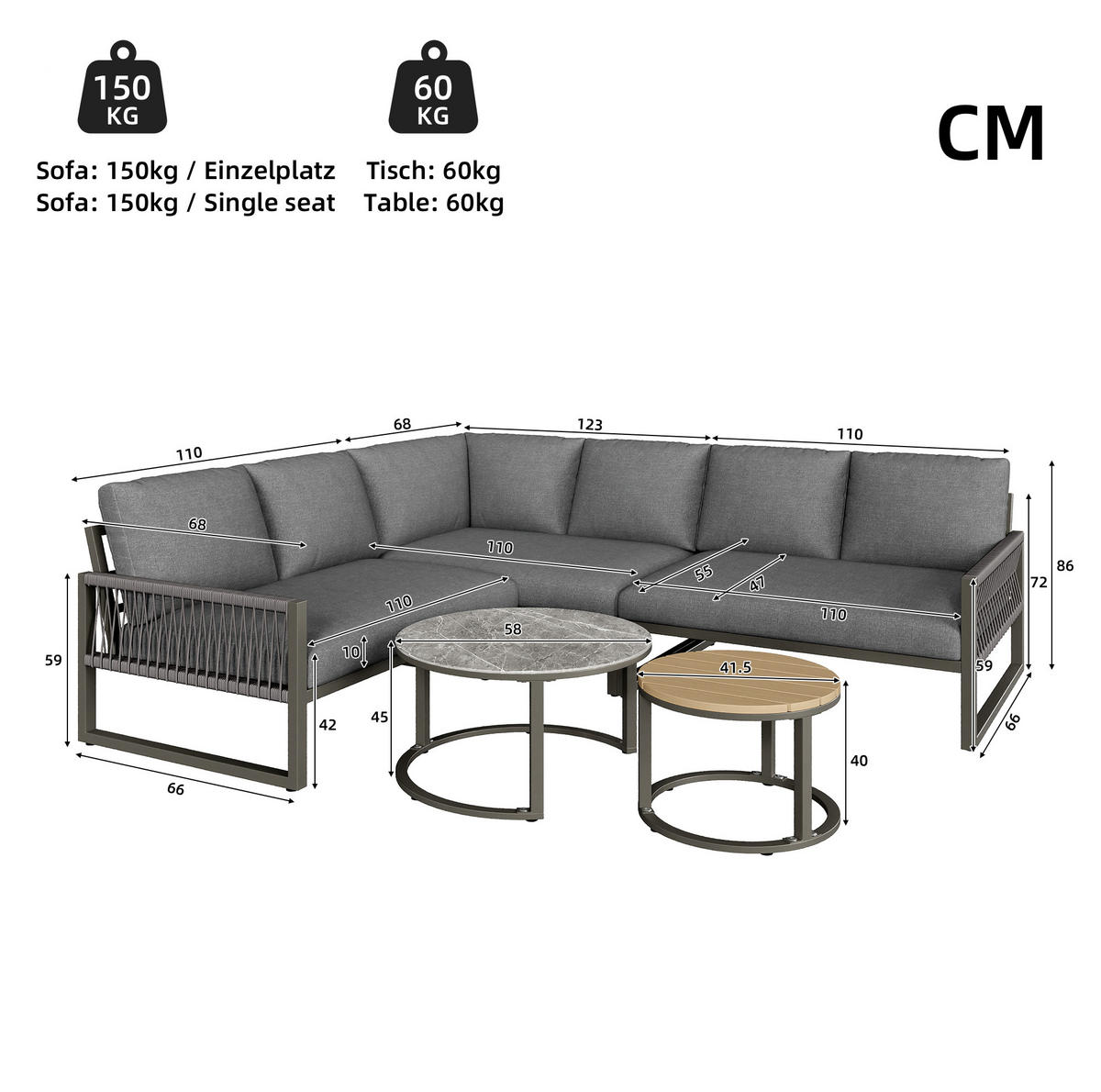 LOUNGEGARNITUR Grau aus Metall und Polyester 5er Set - Grau, Metall - OKMYHOME