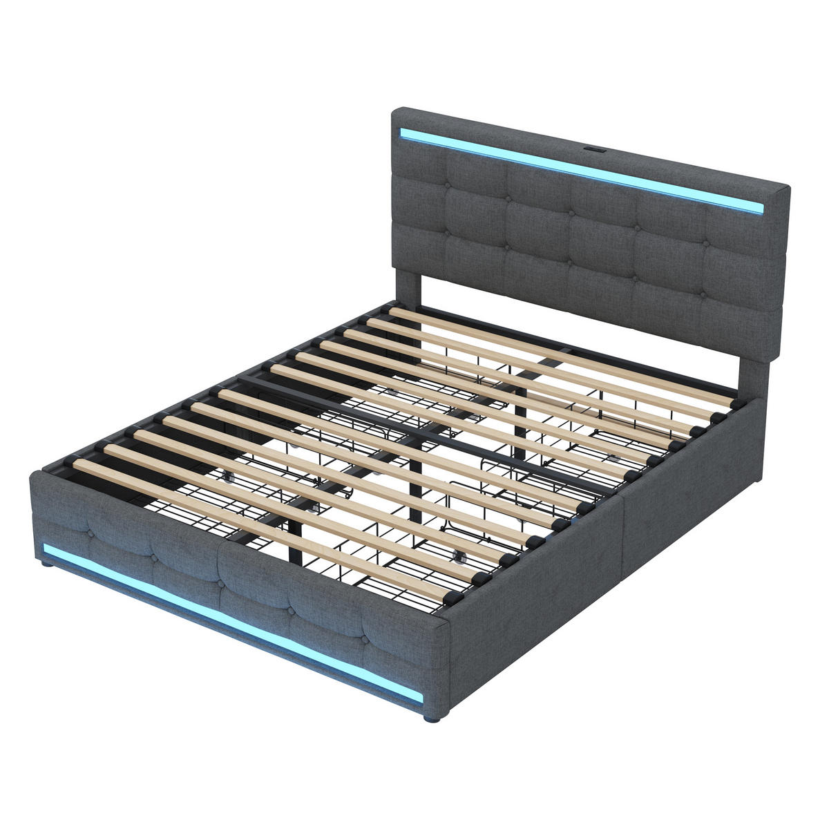 POLSTERBETT 140/200 cm grau mit LED-Beleuchtung und 4 Schubladen - Grau, Textil (140/200cm) - OKWISH