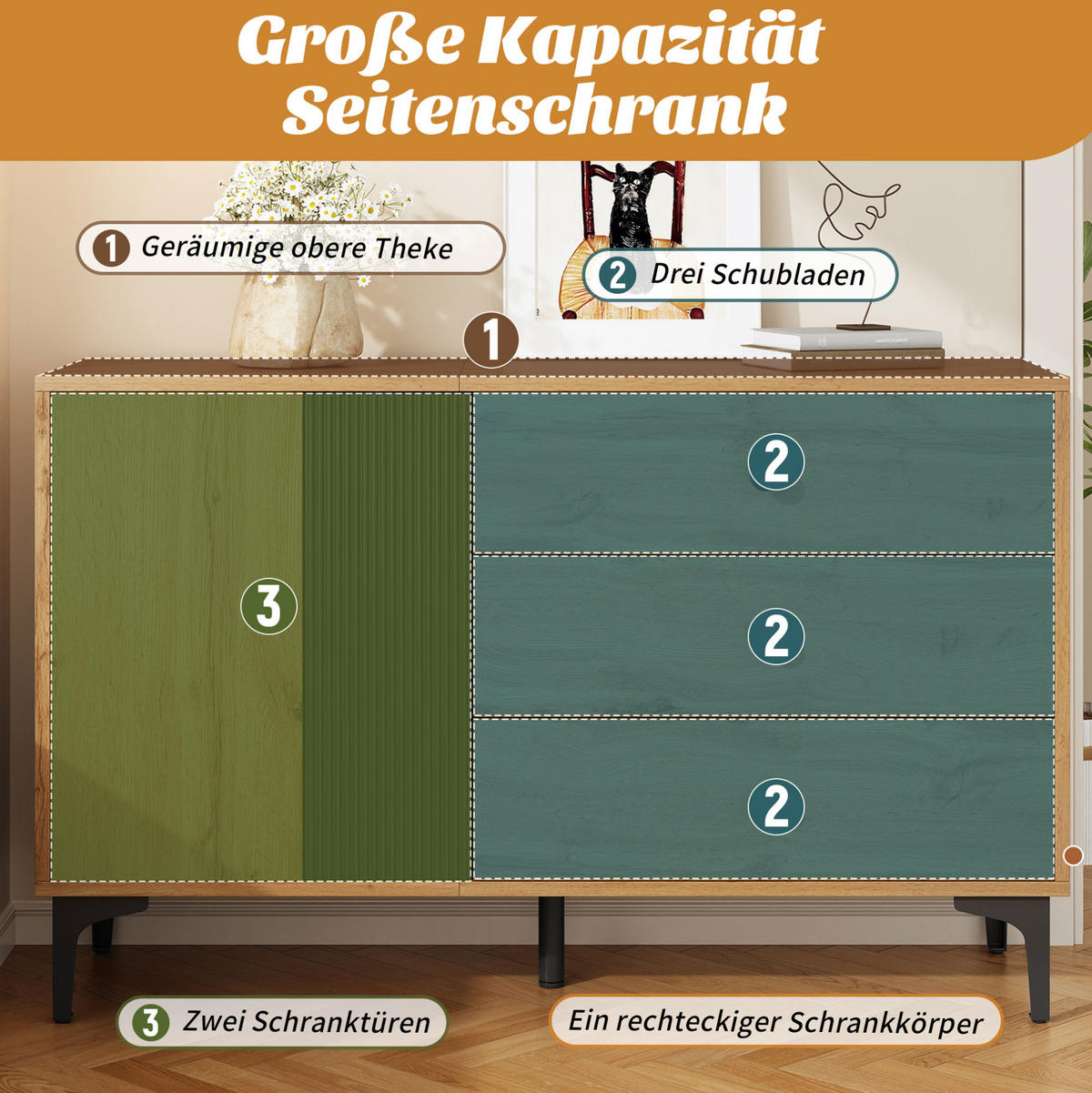 SIDEBOARD 120/35/76 cm Natur/Schwarz aus Holzwerkstoff mit 1 Tür und 3 Schubladen - Schwarz, Holzwerkstoff (120/76/35cm) - OKWISH
