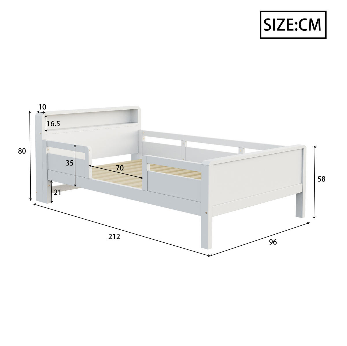 KINDERBETT 90/200 cm aus Kiefern mit LED-Leuchte, USB- und Type-C-Anschluss sowie Kopfteil mit Ablagefach, Weiß - Weiß, Holzwerkstoff (90/200cm) - Redom