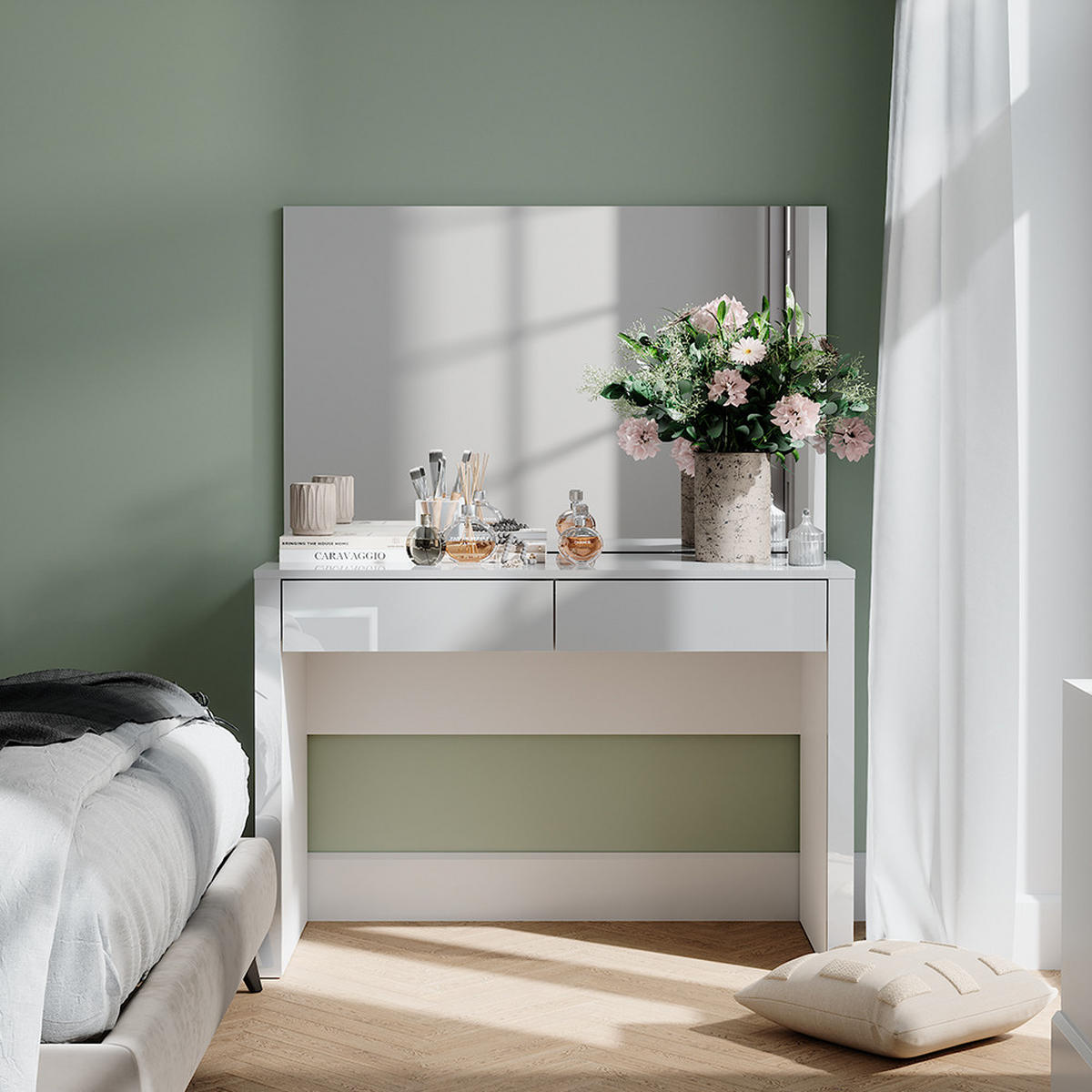 SCHMINKTISCH Annabelle Weiß Hochglanz/Weiß 110 cm mit Spiegel - Weiß Hochglanz/Weiß, Holzwerkstoff (110/75.5/50cm) - Vicco