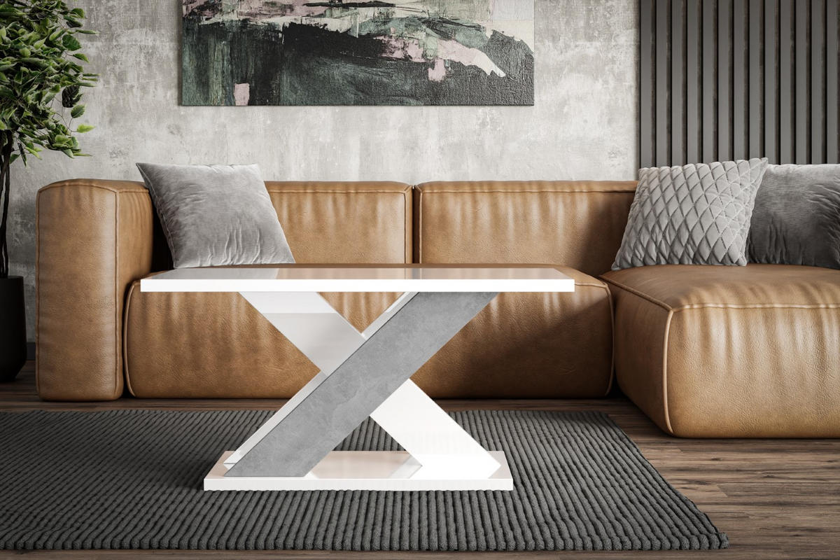 KAFFEETISCH 110x70x60 cm - Hochglanz Weiß / Betonoptik - AOX - Weiß Hochglanz, Holzwerkstoff (110/70/60cm) - ALTDECOR
