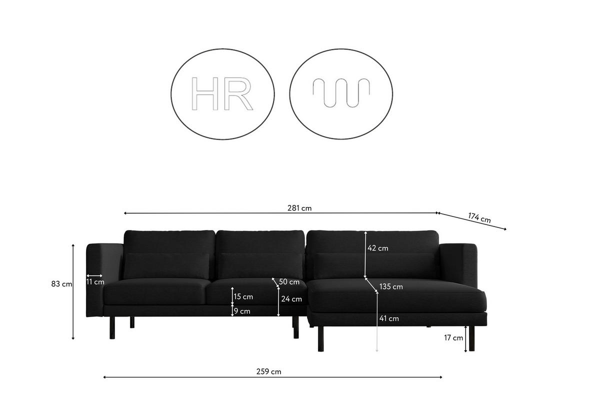 ECKSOFA L-form Dani Stoff Verita Schwarz Rechts - Schwarz, Holz (281/174cm) - Kaiser Möbel