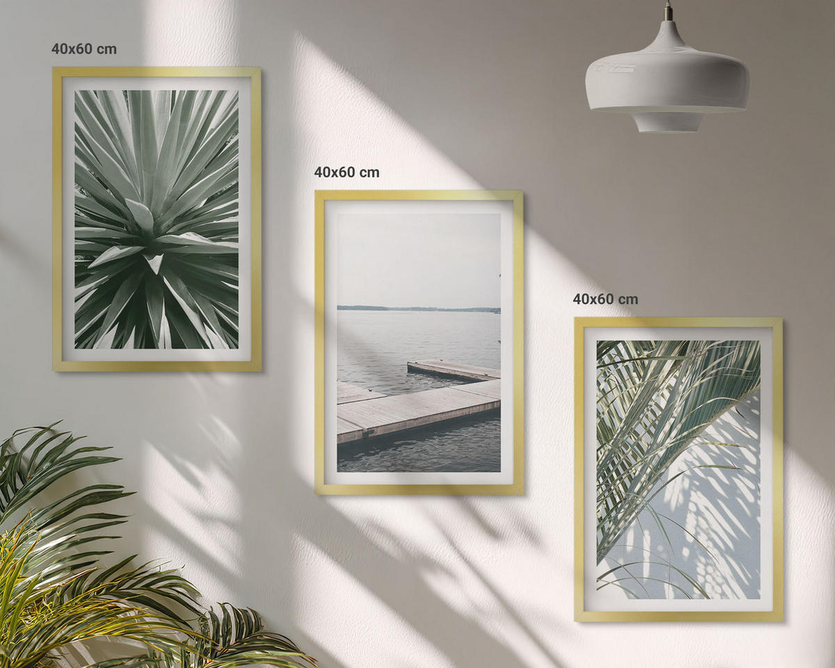 WANDBILDER 3er Set - 40x60 cm Goldrahmen - Palmenblätter-Holzbrücke - Goldfarben, Kunststoff (40/60cm) - ArtPrintCave