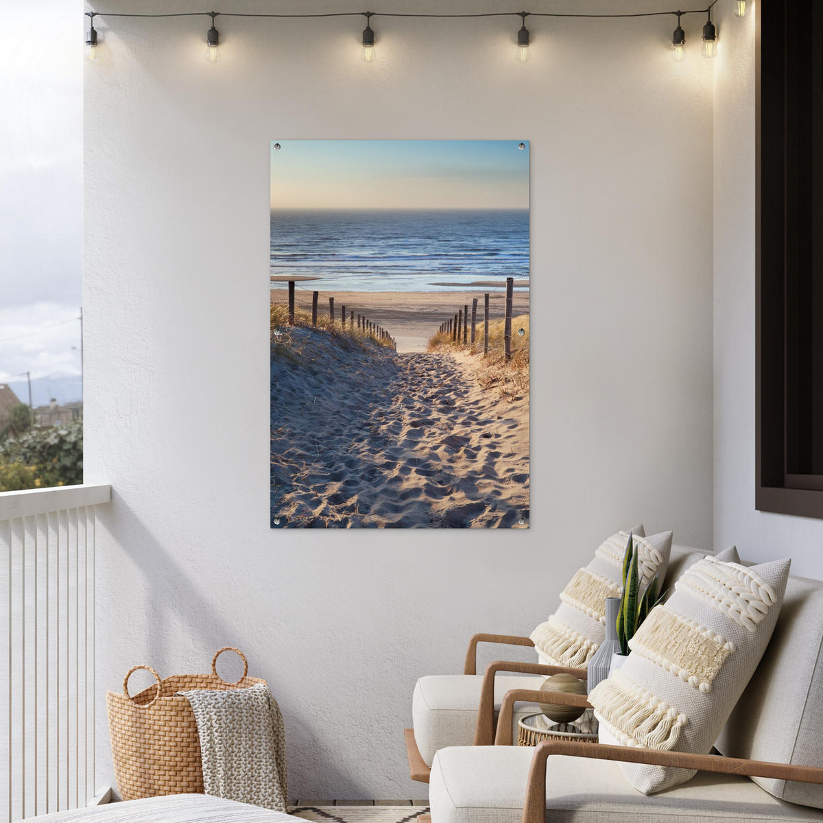 ZAHRADNÍ PLAKÁT Pláž - moře - Nizozemsko - duny - slunce 80x120 cm - písková barva, plast (80/120/0.2cm) - OnlyWow
